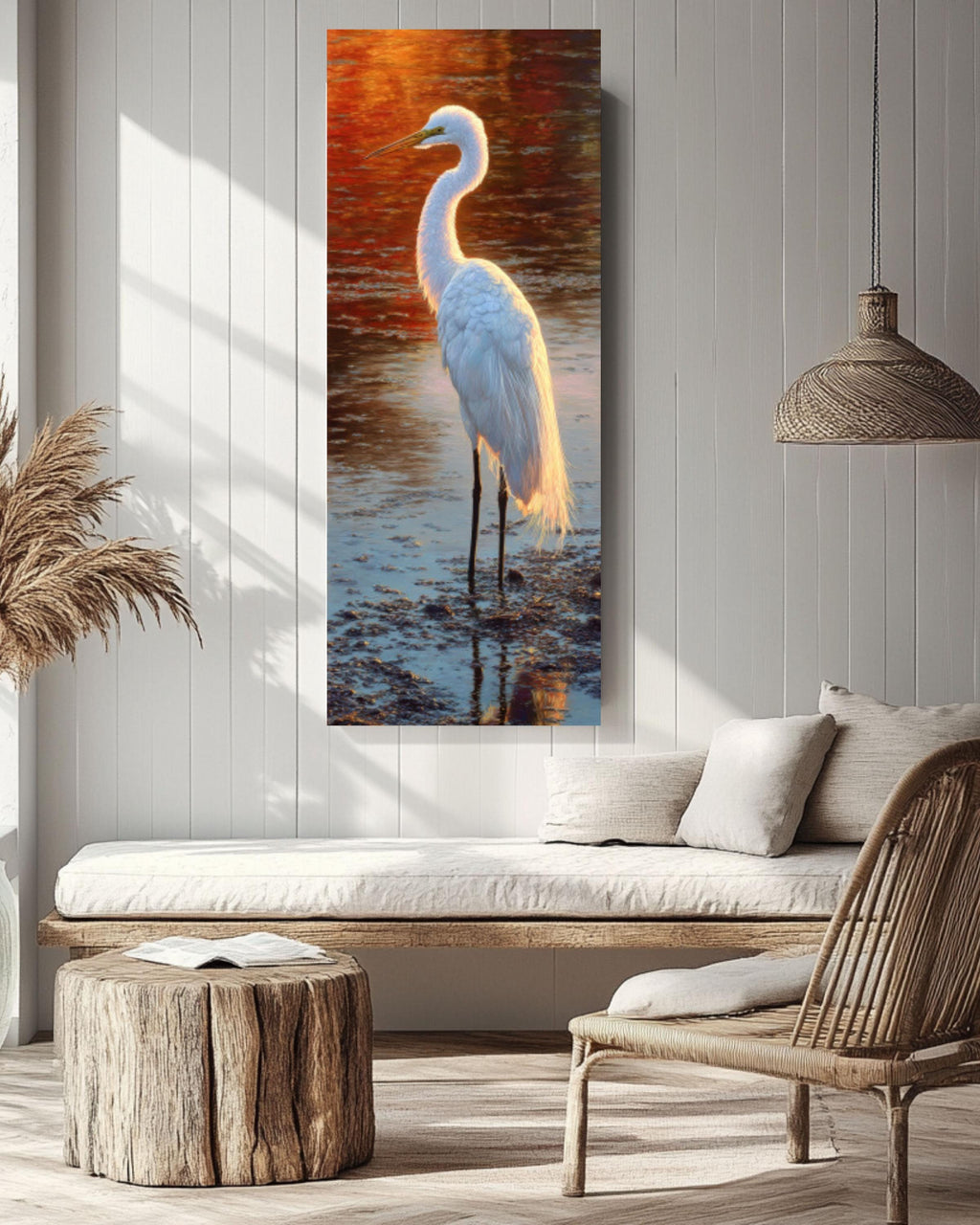 White Crane Golden Hour Wall Art | Serene Bird Oil Painting Canvas