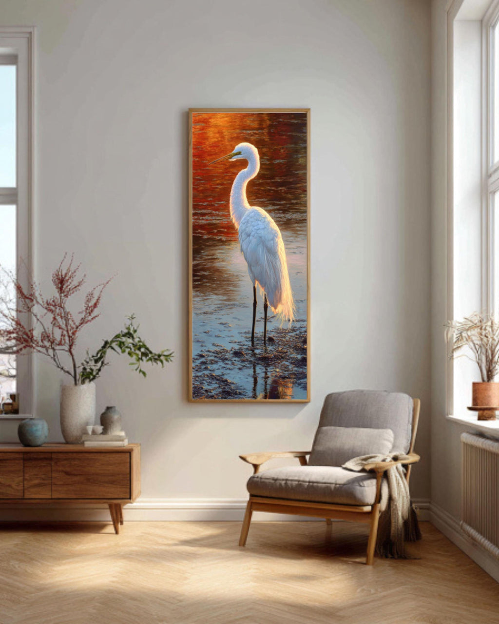 White Crane Golden Hour Wall Art | Serene Bird Oil Painting Canvas