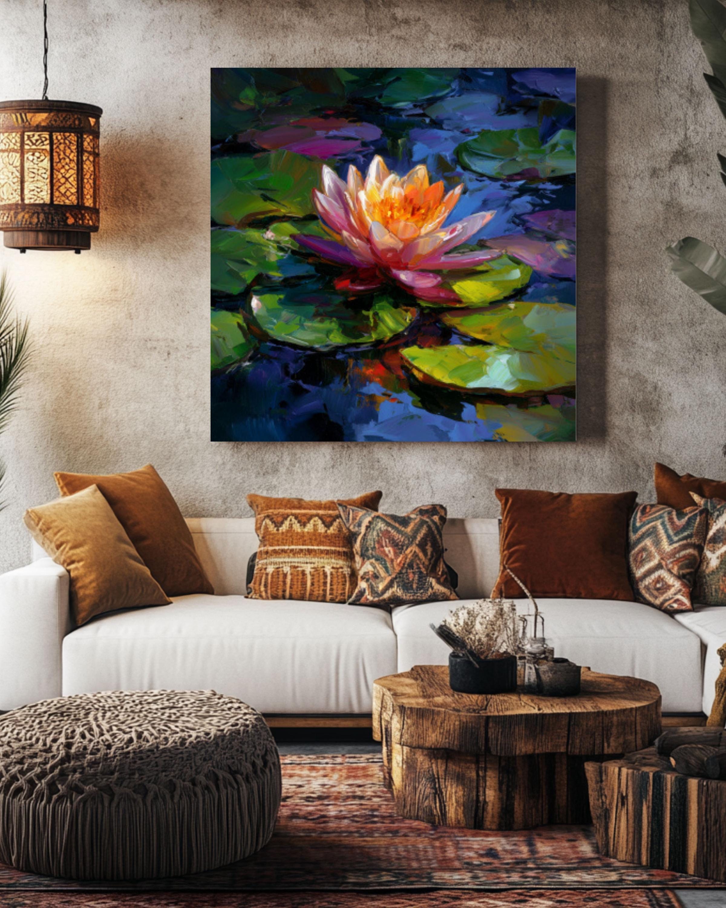 Pink Orange Water Lily Wall Art | Colorful Lotus Oil Painting Canvas