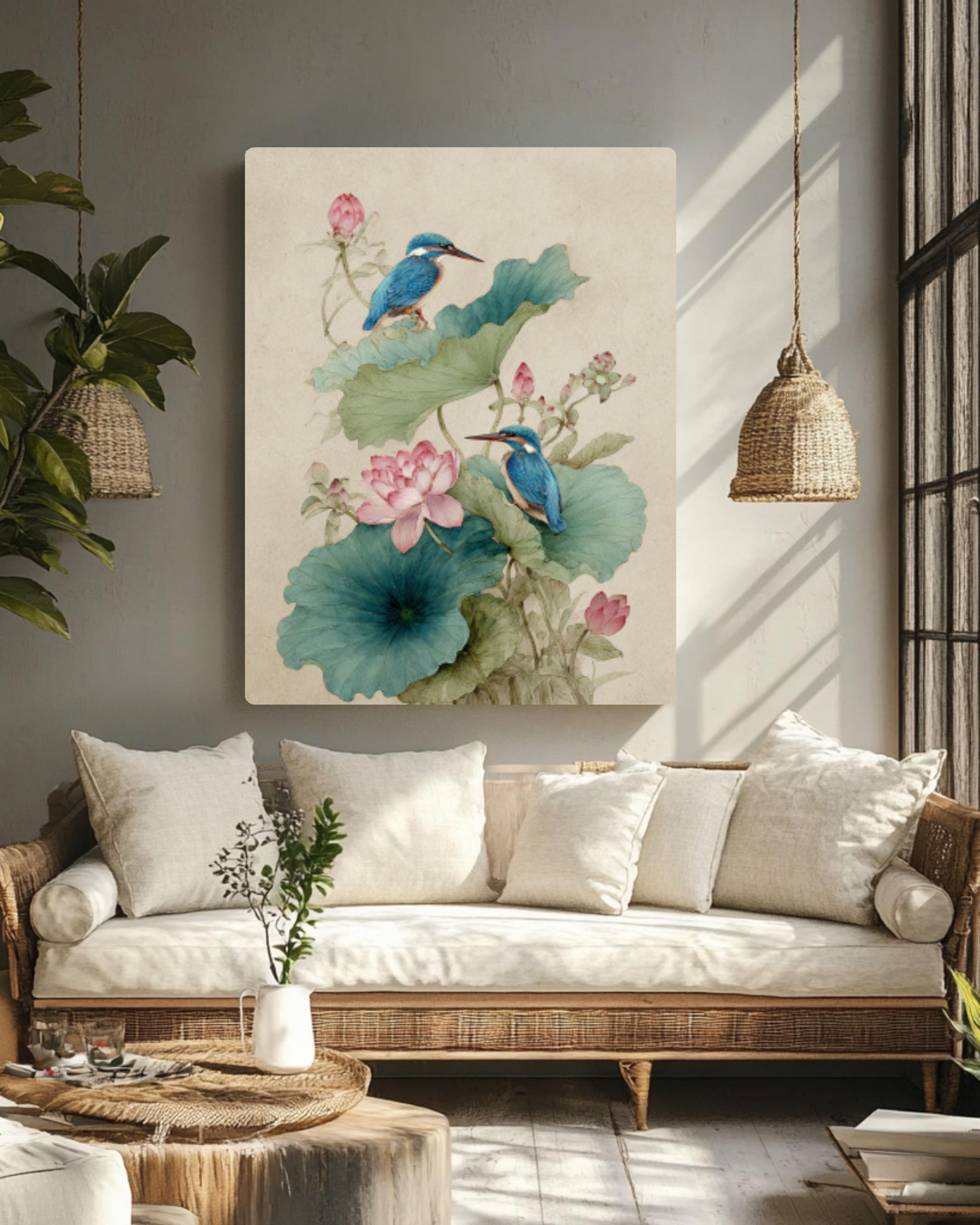 Lotus Kingfishers Wall Art | Traditional Chinese Watercolor Canvas Print