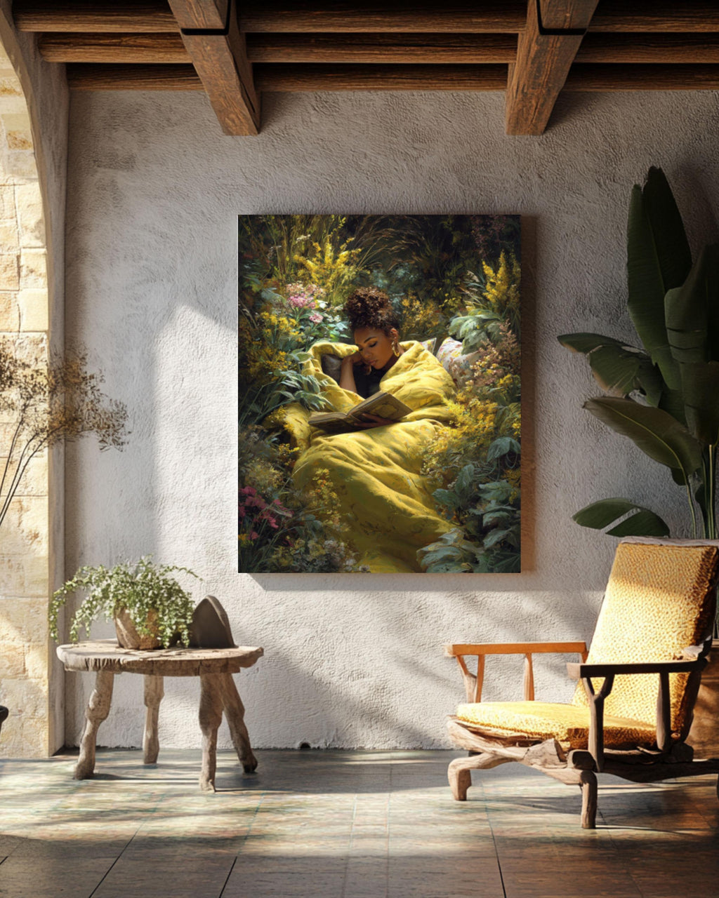 Black Woman Reading Wall Art | Garden Scene Canvas Print | Cozy Decor