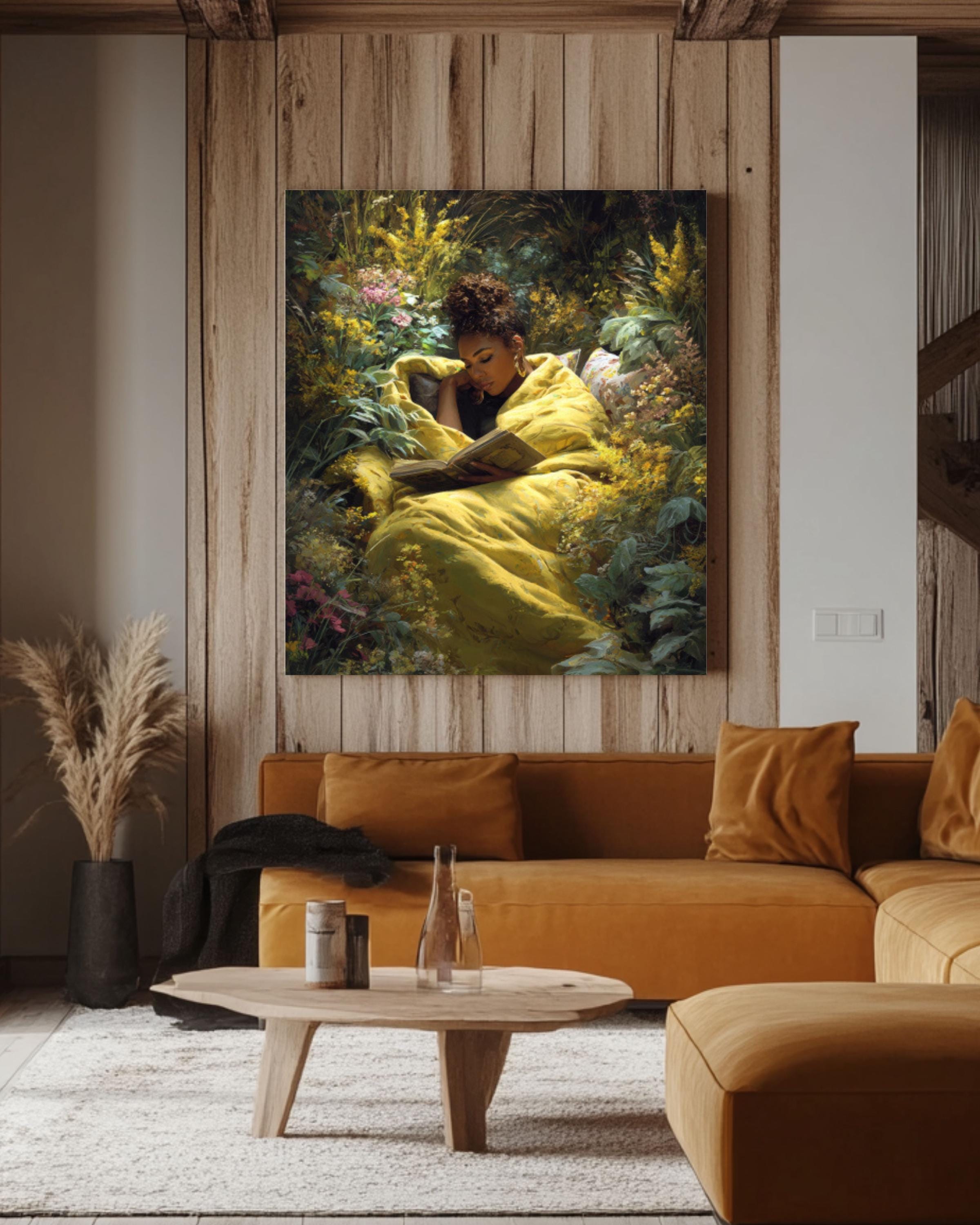 Black Woman Reading Wall Art | Garden Scene Canvas Print | Cozy Decor