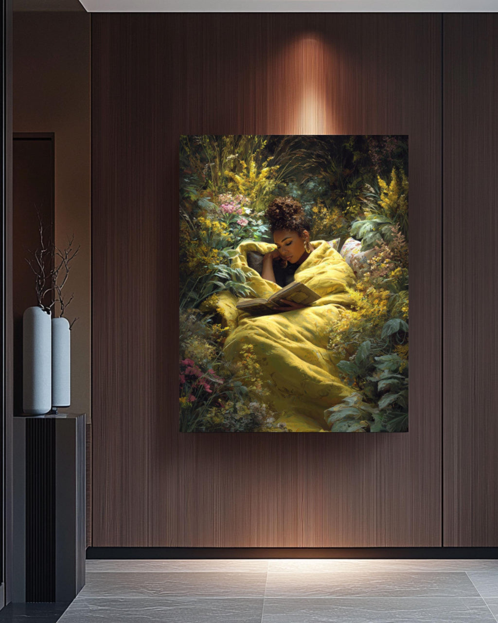 Black Woman Reading Wall Art | Garden Scene Canvas Print | Cozy Decor