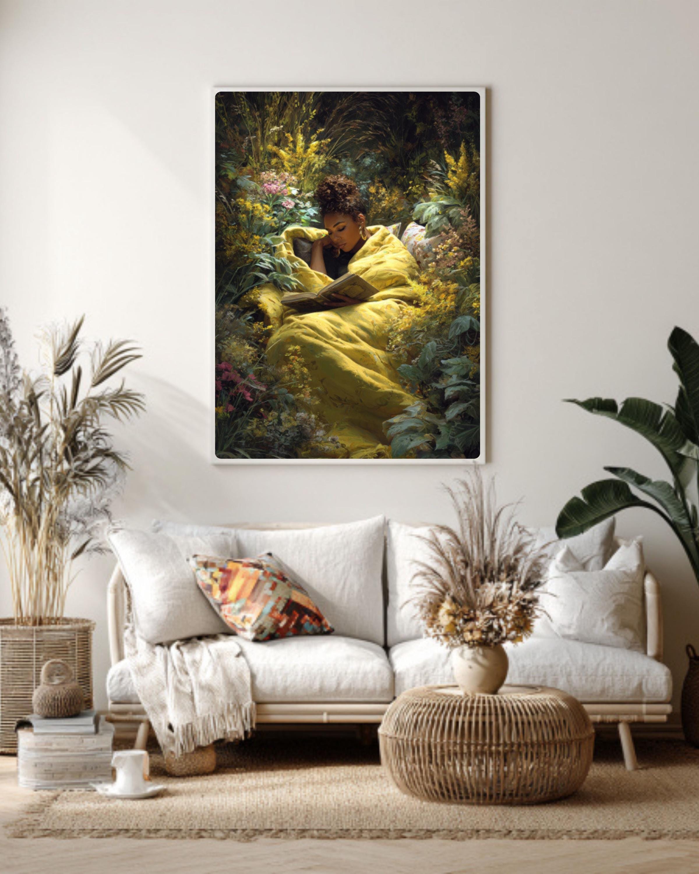 Black Woman Reading Wall Art | Garden Scene Canvas Print | Cozy Decor