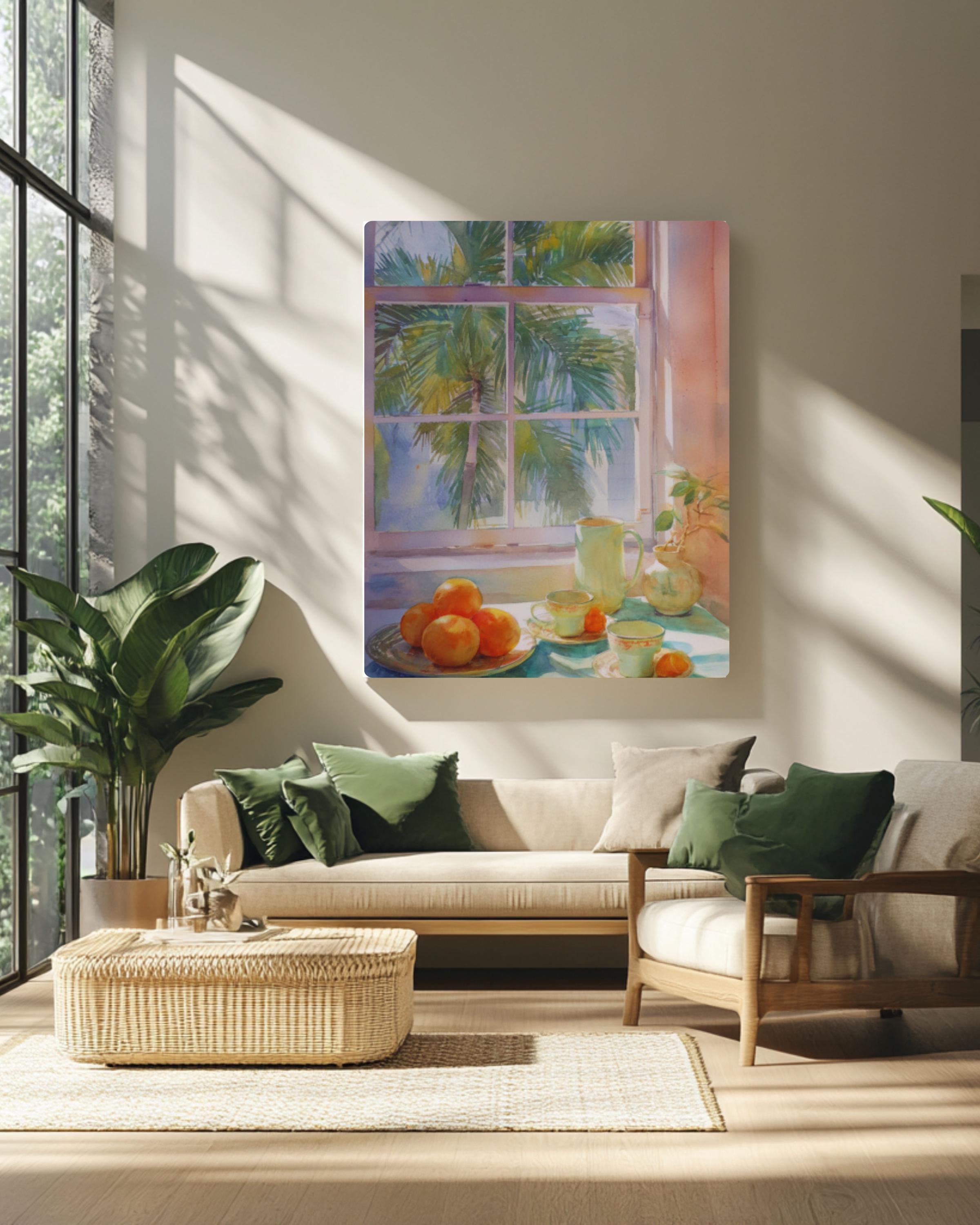 Pastel Kitchen Art Print: Oranges & Teacups, Palm Tree Window for home and office wall décor