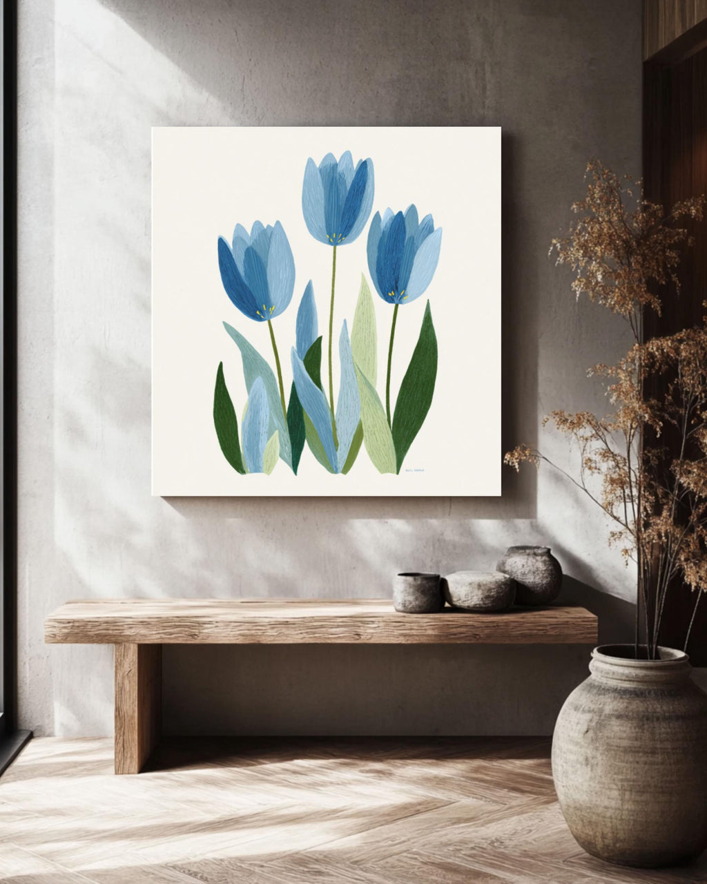 Blue Tulips Floral Print: Maira Kalman Style Botanical Art for home and office wall décor