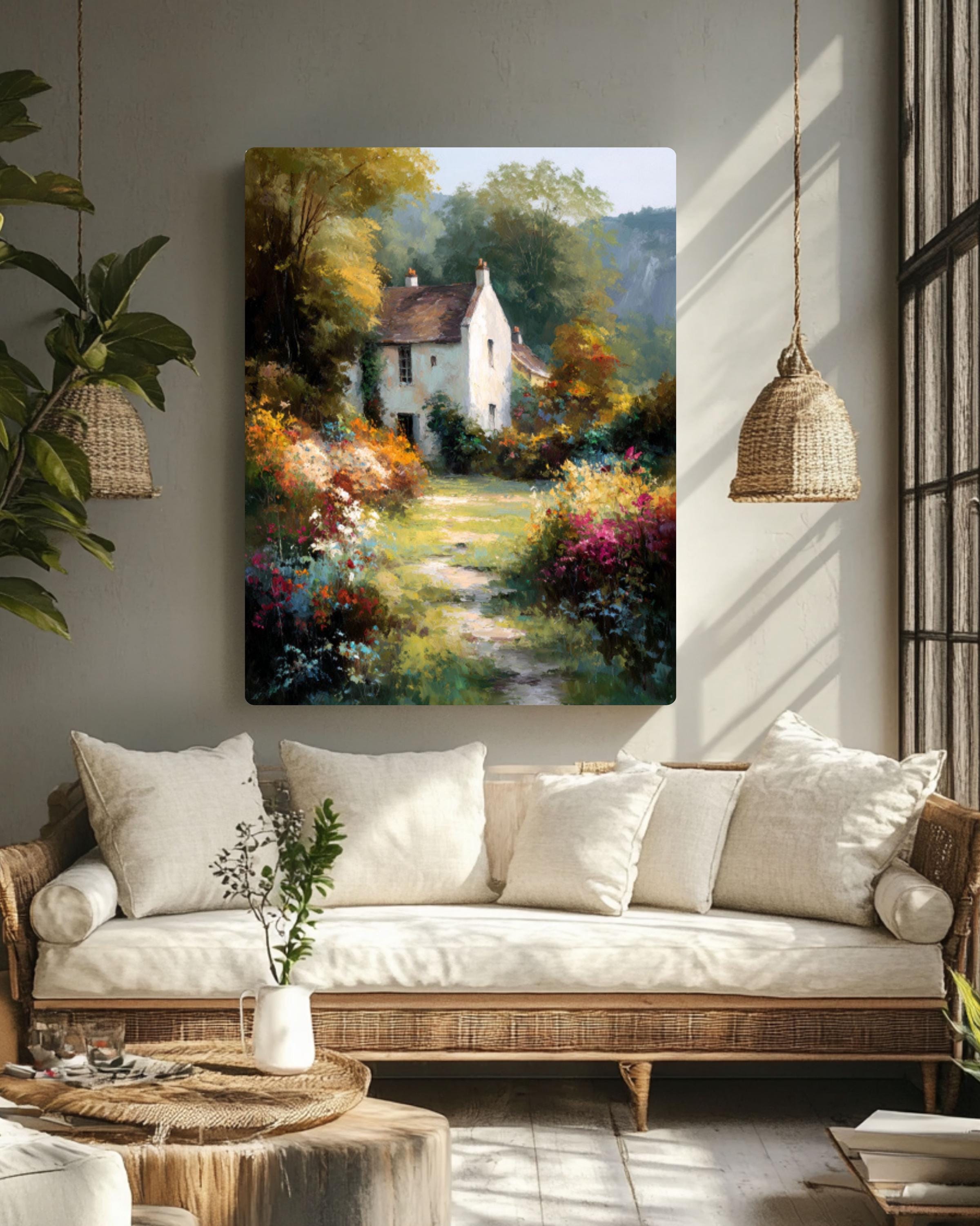 French Countryside Cottage Wall Art | Oil Painting Style Print | Canvas or Framed