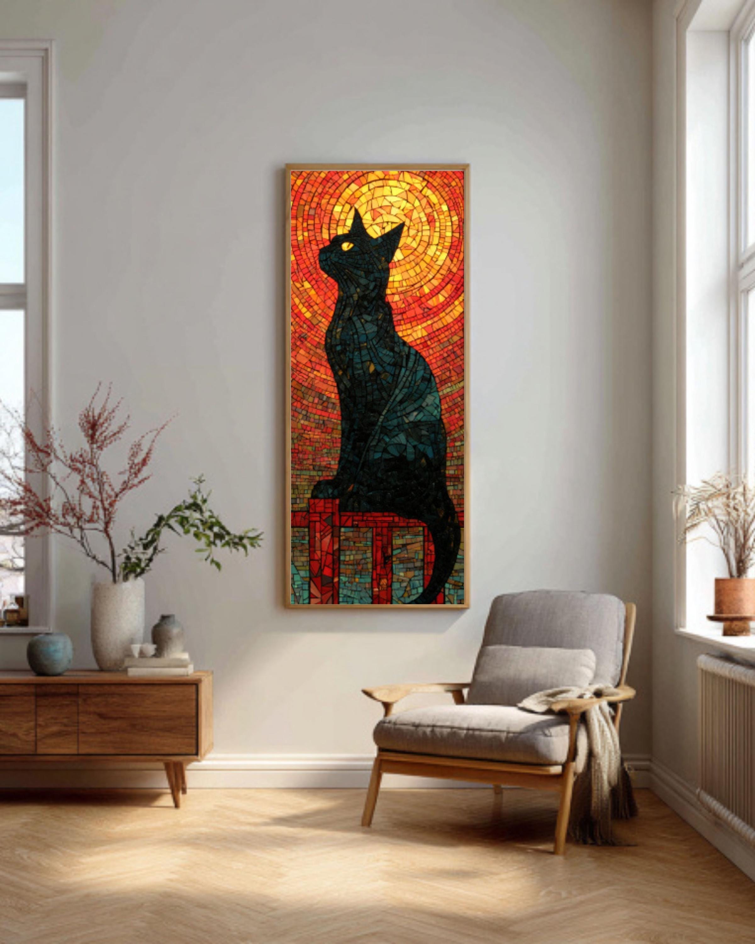 Black Cat Mosaic Art: Stained Glass Style Canvas Wall Decor for home and office wall décor