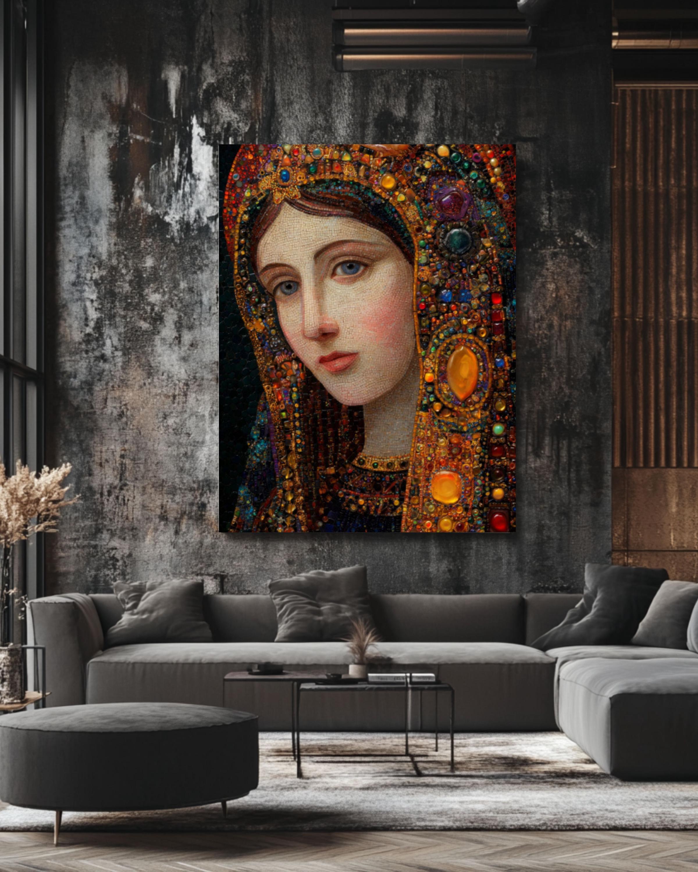 Holy Mary Portrait Wall Art | Klimt Style Gemstone Religious Canvas