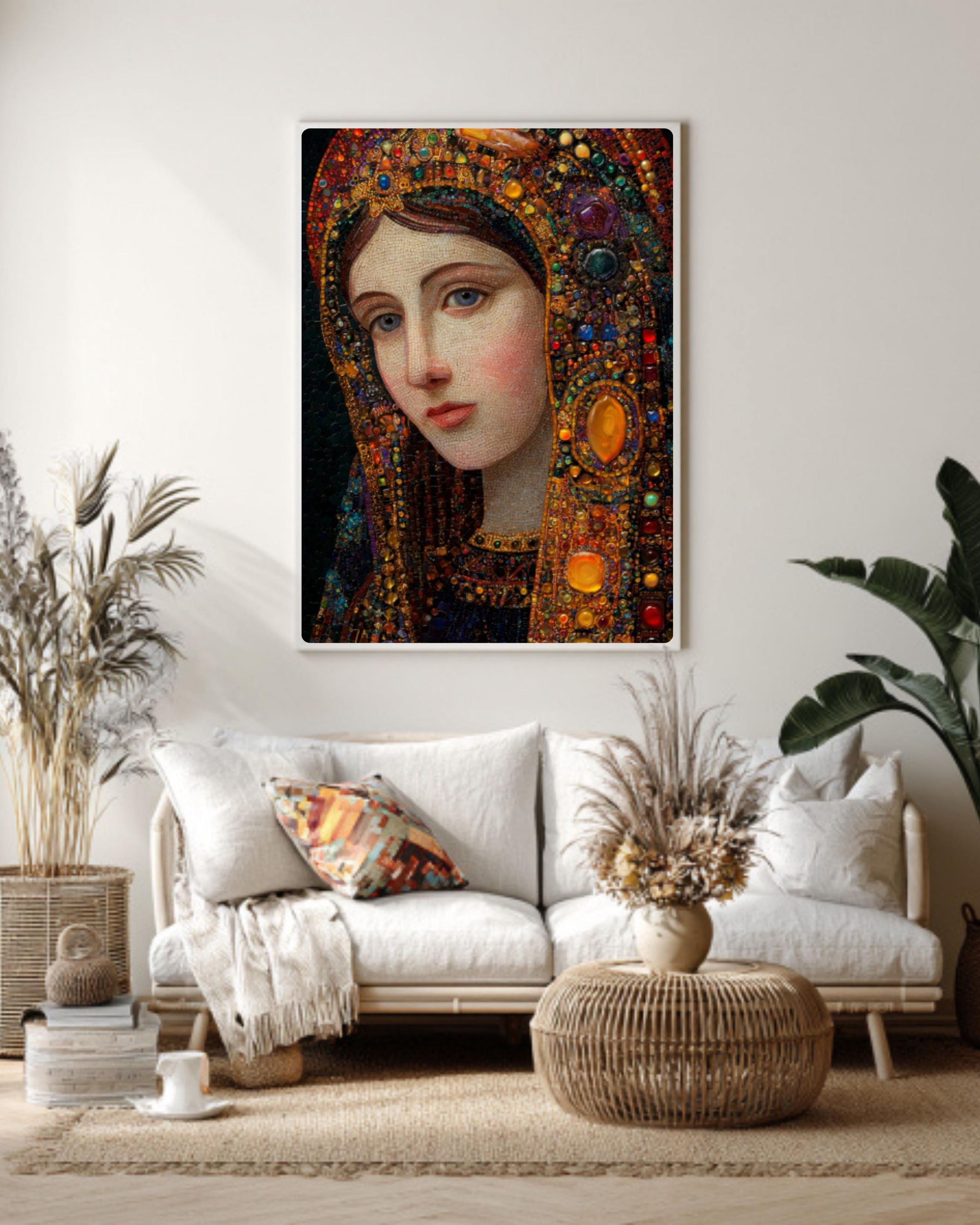 Holy Mary Portrait Wall Art | Klimt Style Gemstone Religious Canvas