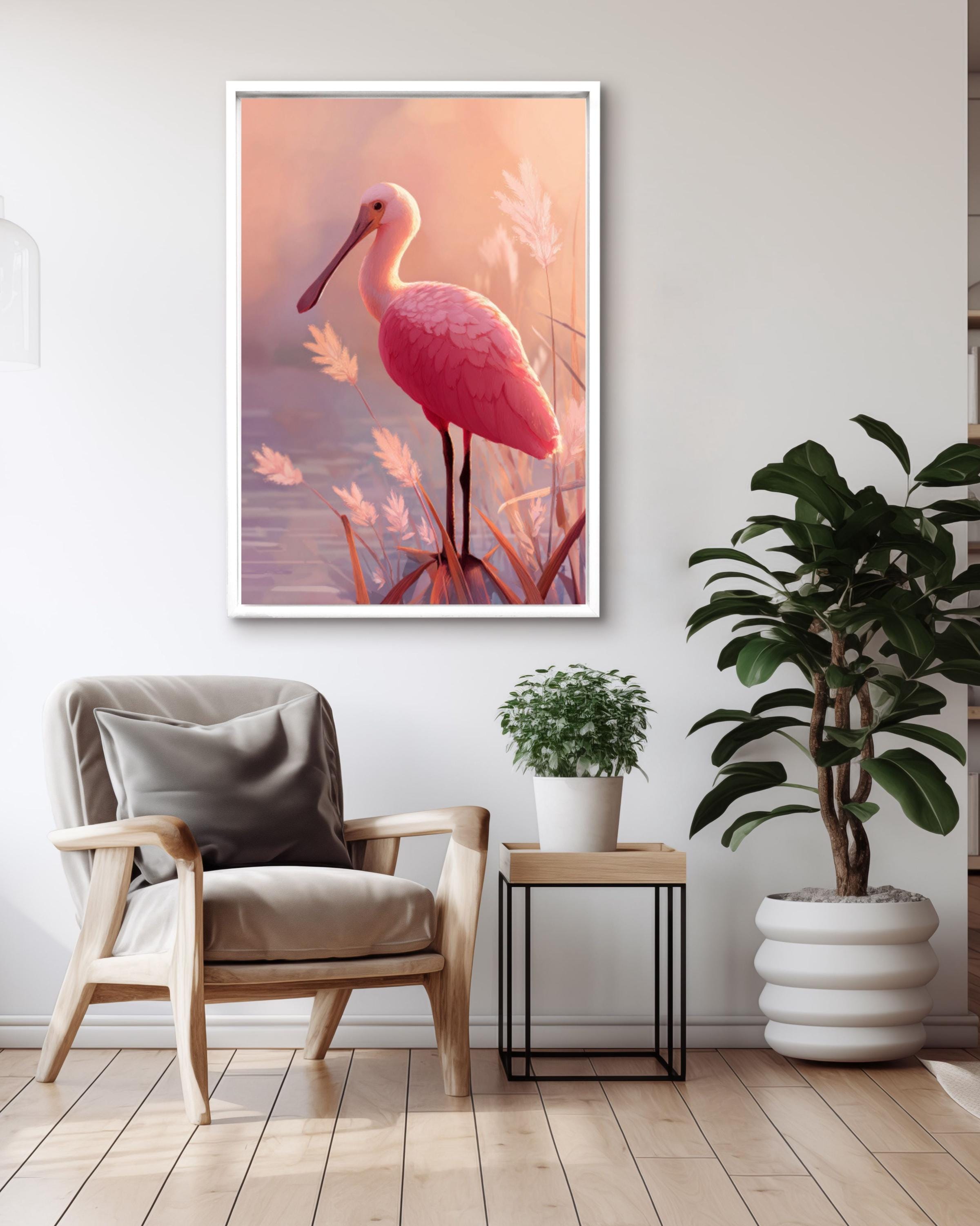 Roseate Spoonbill Bird Wall Art | Pastel Cartoon Poster | Canvas or Framed