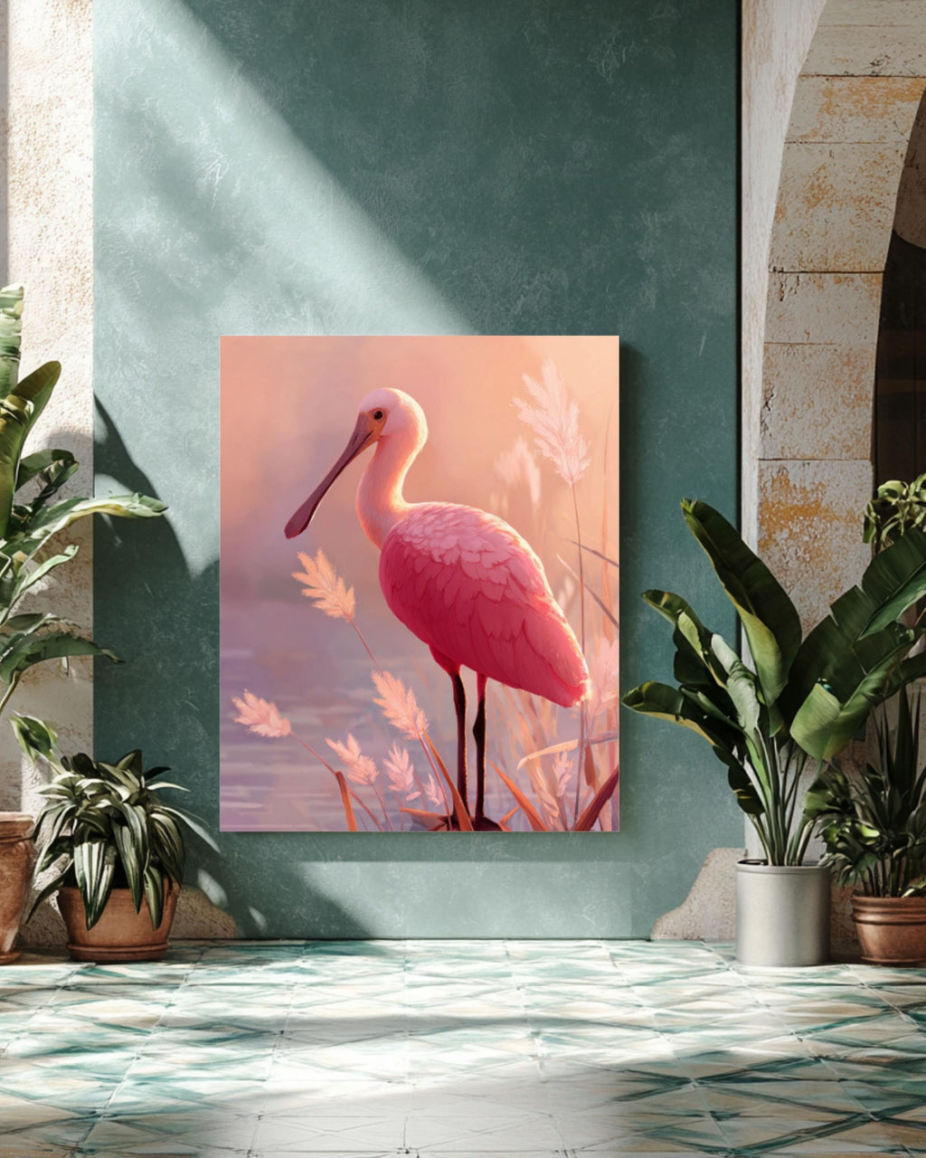Roseate Spoonbill Bird Wall Art | Pastel Cartoon Poster | Canvas or Framed