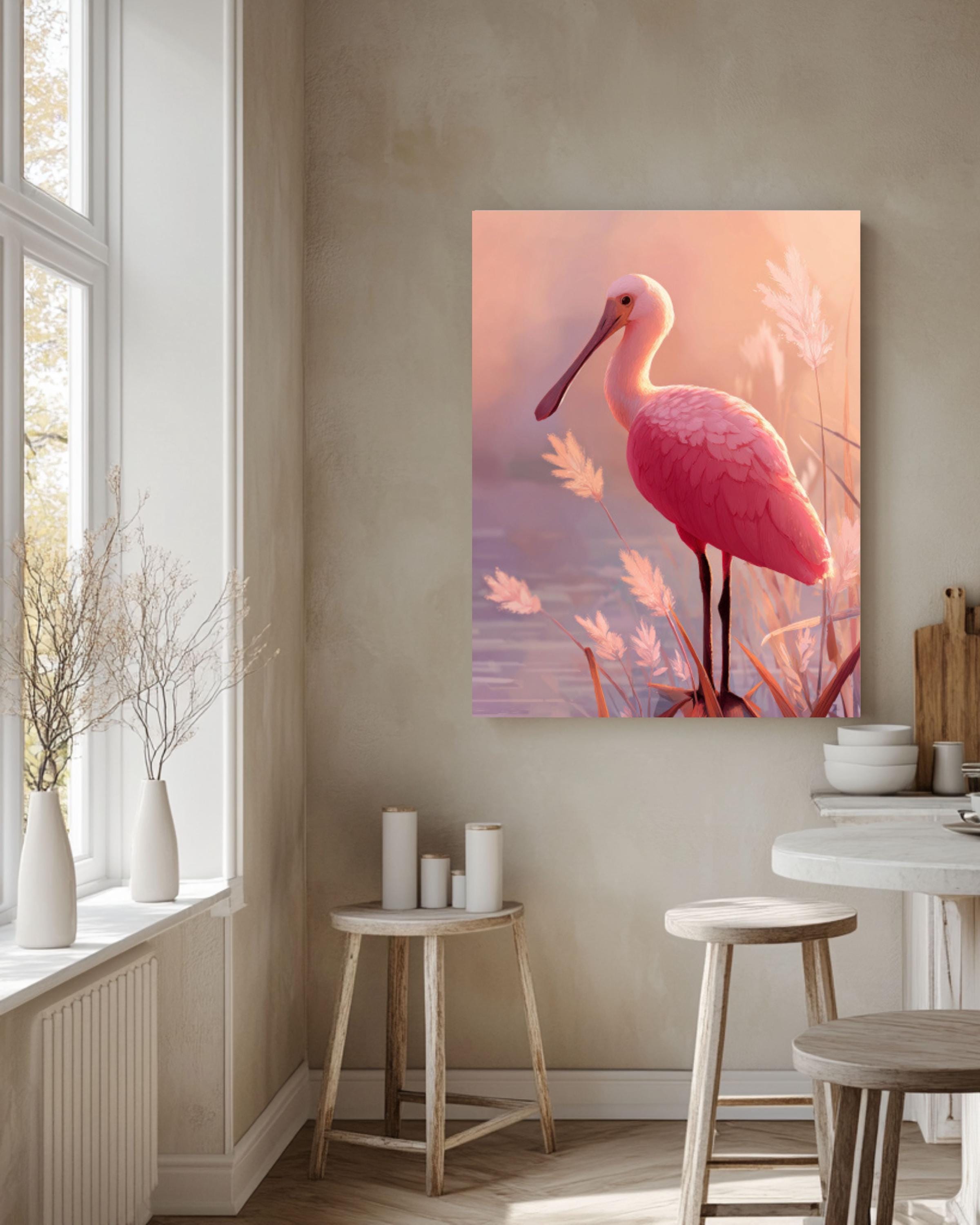 Roseate Spoonbill Bird Wall Art | Pastel Cartoon Poster | Canvas or Framed