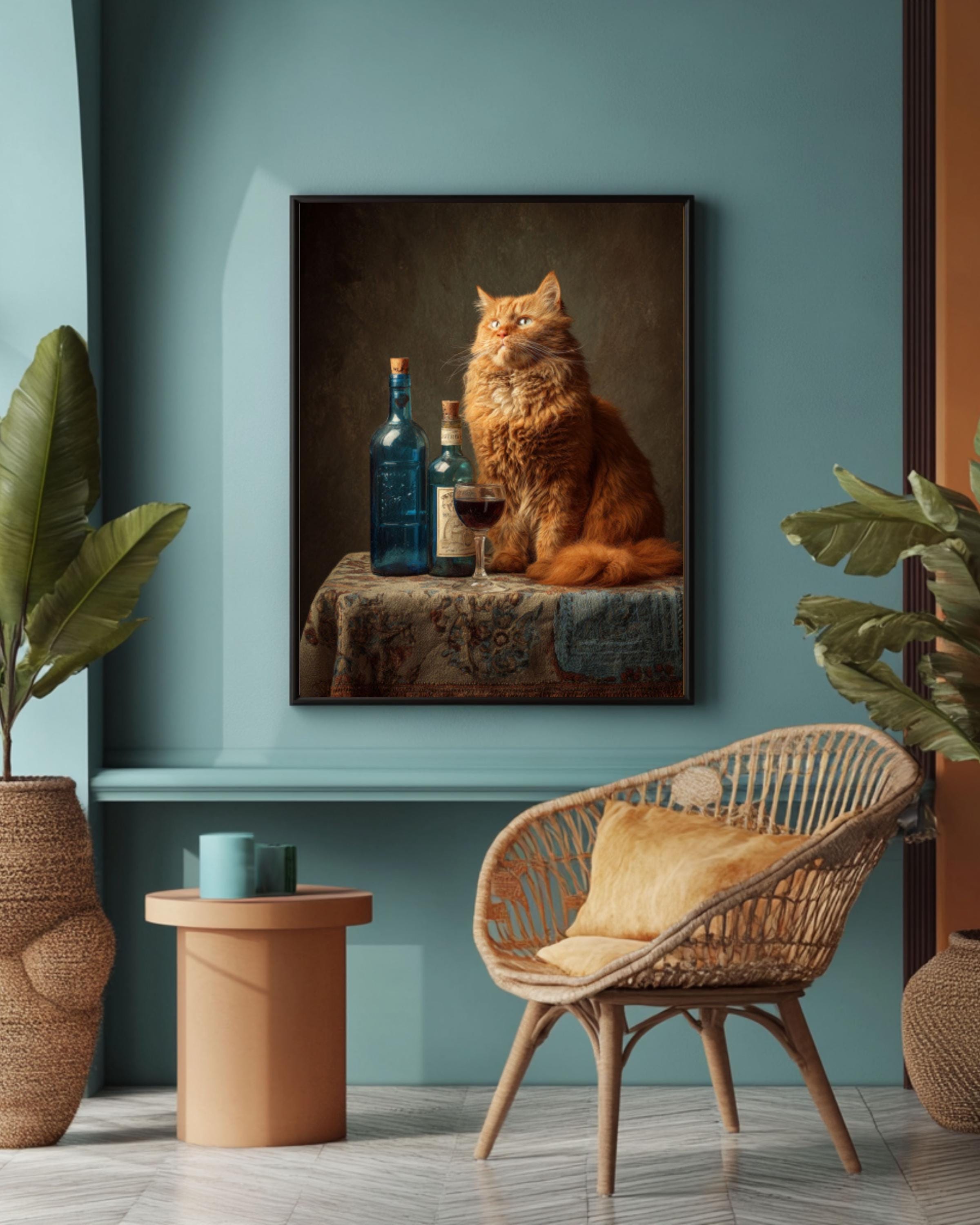 Fat Orange Cat Wine Wall Art Print | Whimsical Kitchen Decor