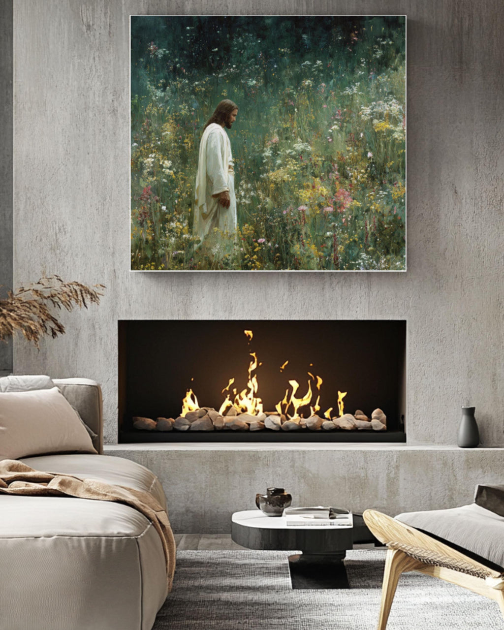Jesus in Wildflower Field Wall Art | Spiritual Painterly Canvas Print