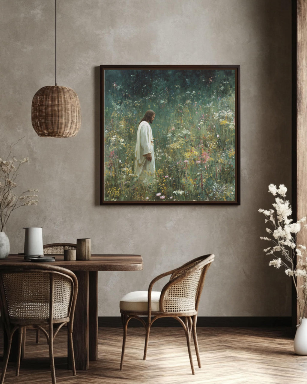 Jesus in Wildflower Field Wall Art | Spiritual Painterly Canvas Print