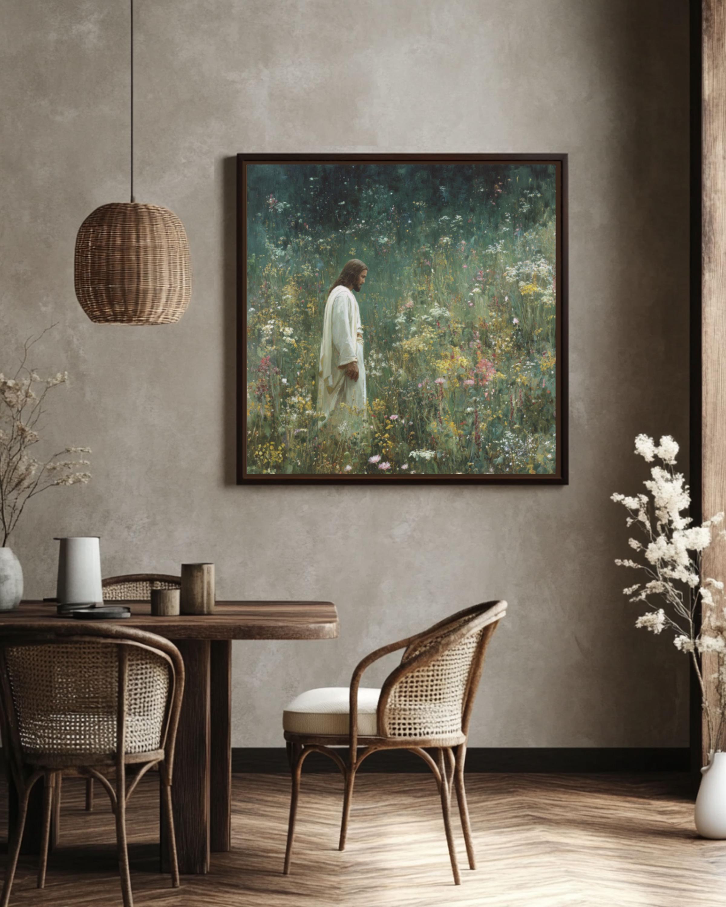 Jesus in Wildflower Field Wall Art | Spiritual Painterly Canvas Print