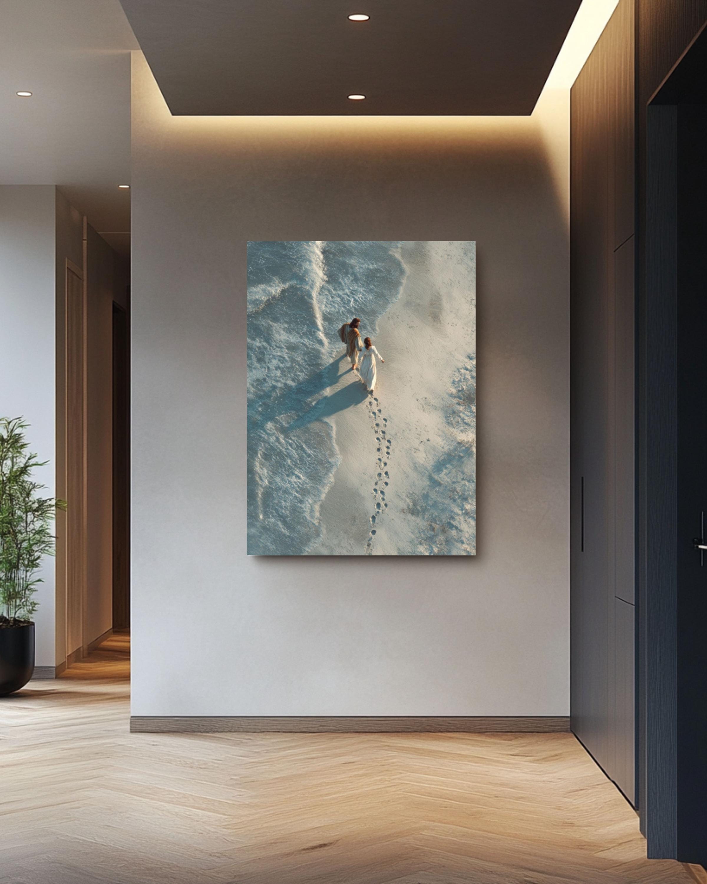 Jesus Carrying Woman Art: Photorealistic Beach Scene - Inspirational Christian Wall Decor for home and office wall décor