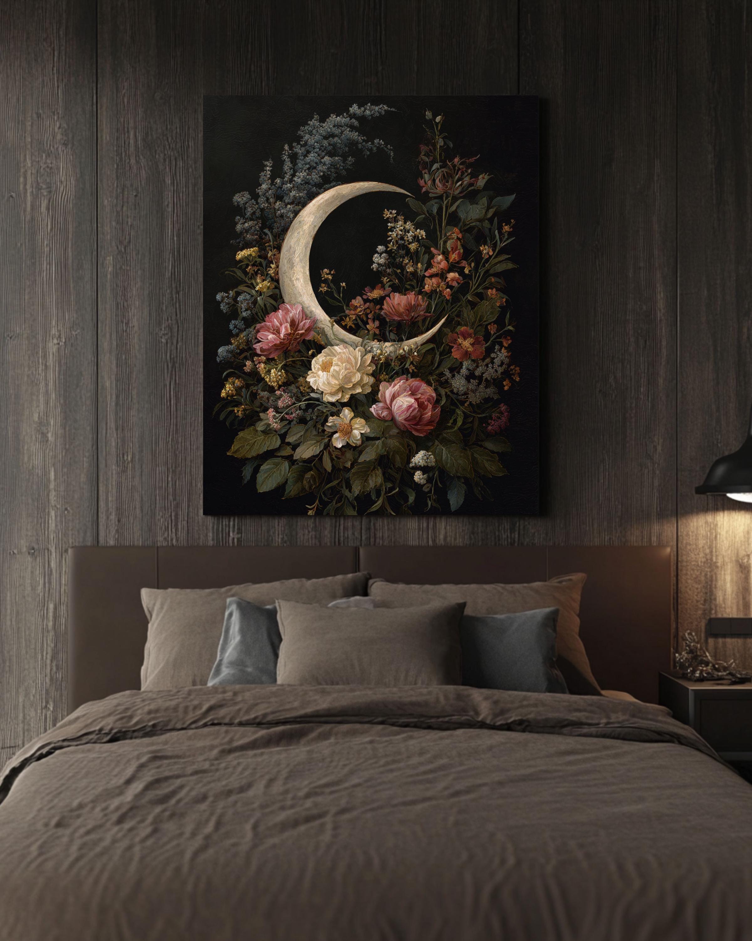 Crescent Moon Floral Art: Vintage Cottagecore Botanical Print for home and office wall décor