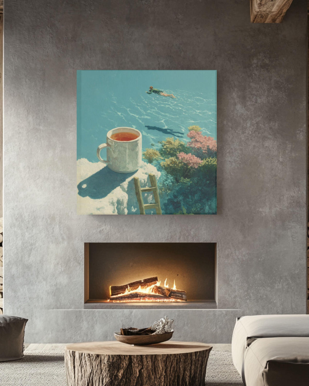 Surreal Coffee Cup Dive Wall Art – Artistic Swimming Canvas Print