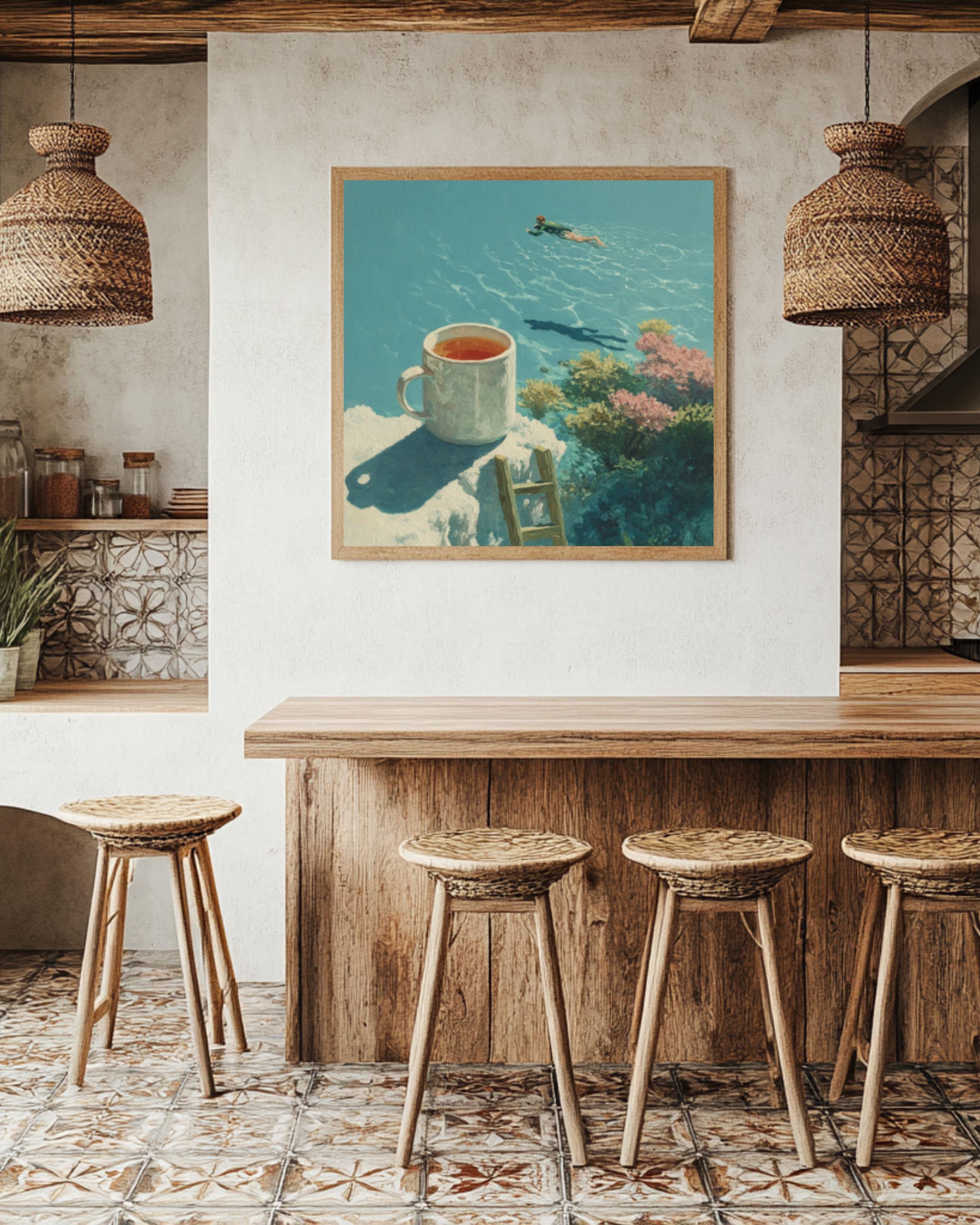Surreal Coffee Cup Dive Wall Art – Artistic Swimming Canvas Print
