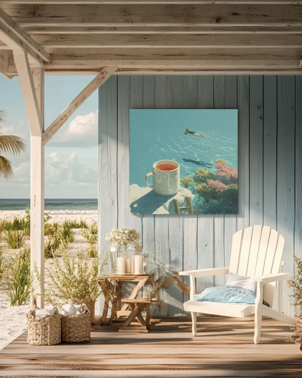 Surreal Coffee Cup Dive Wall Art – Artistic Swimming Canvas Print