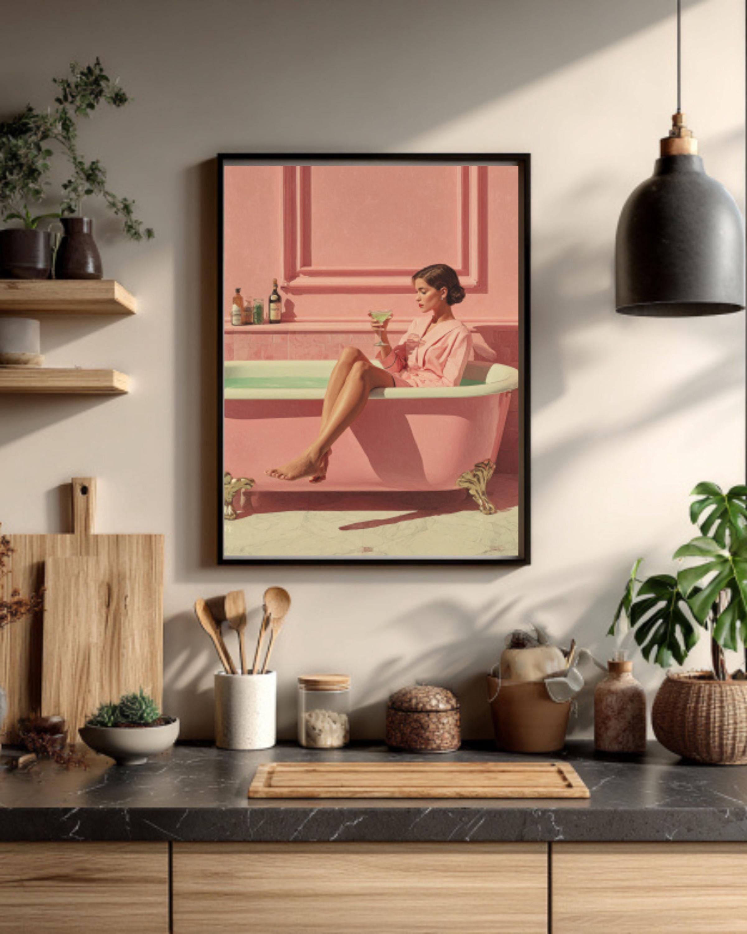 Elegant Woman in Pink Bathtub Canvas Art – Pastel Decor