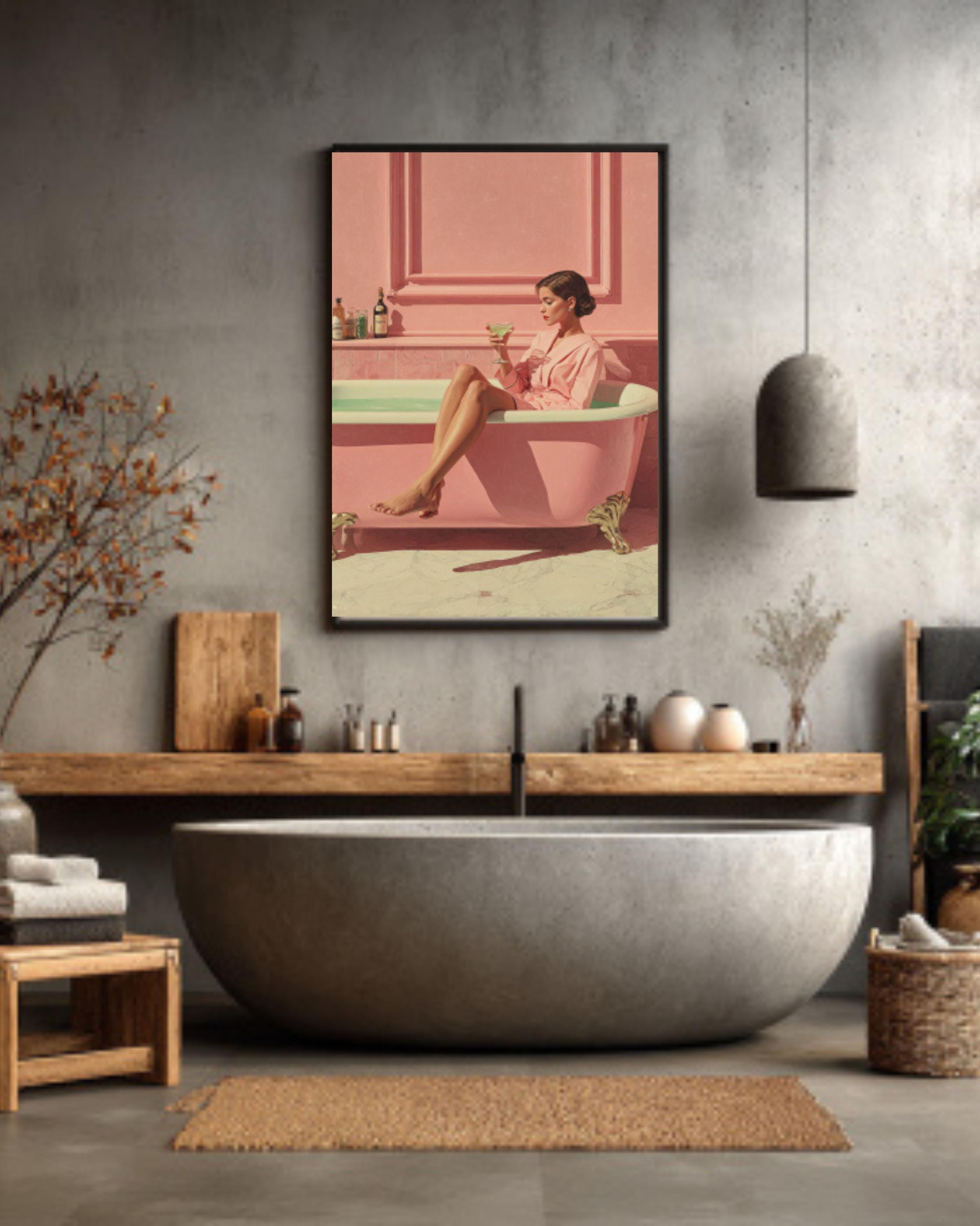 Elegant Woman in Pink Bathtub Canvas Art – Pastel Decor