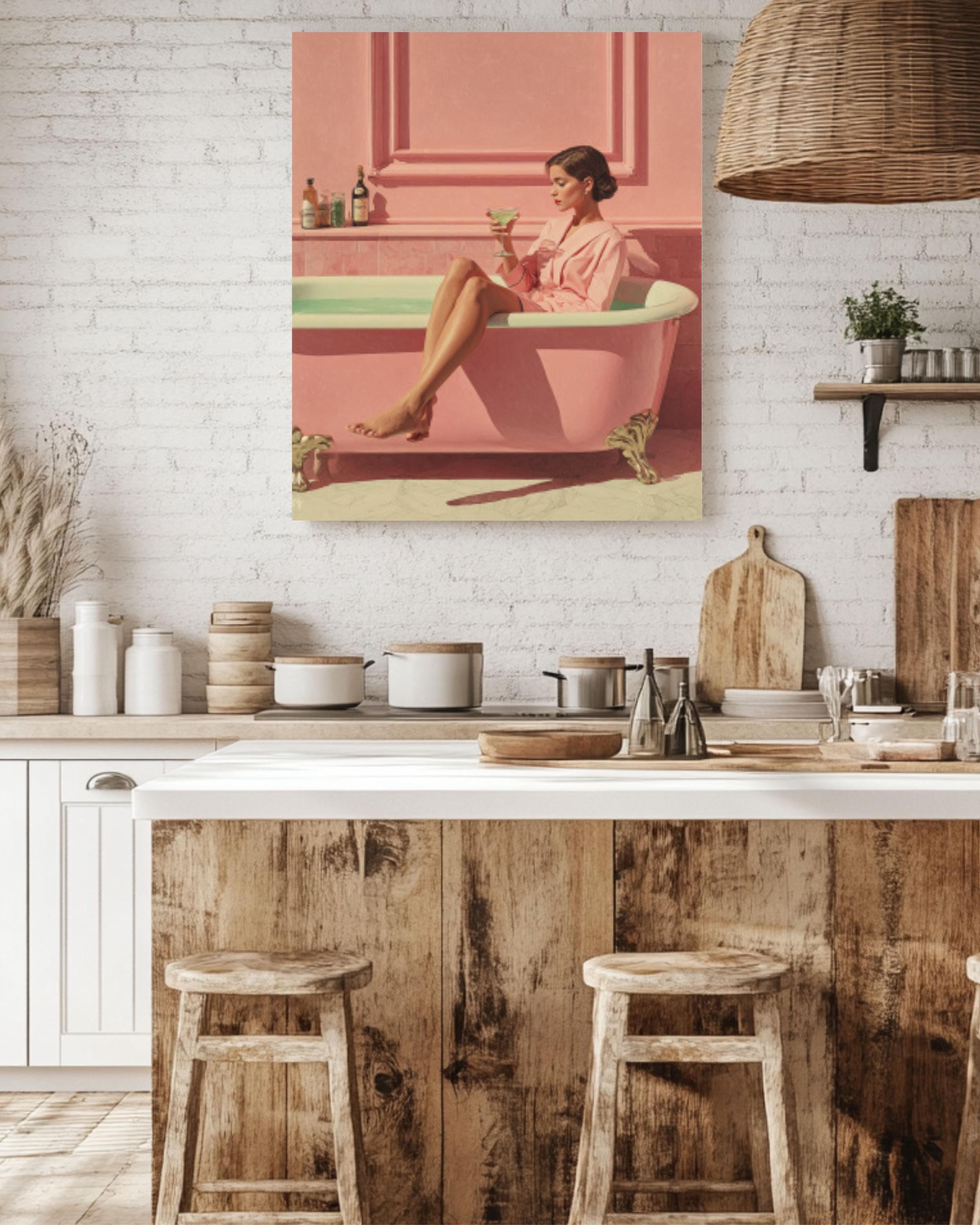 Elegant Woman in Pink Bathtub Canvas Art – Pastel Decor