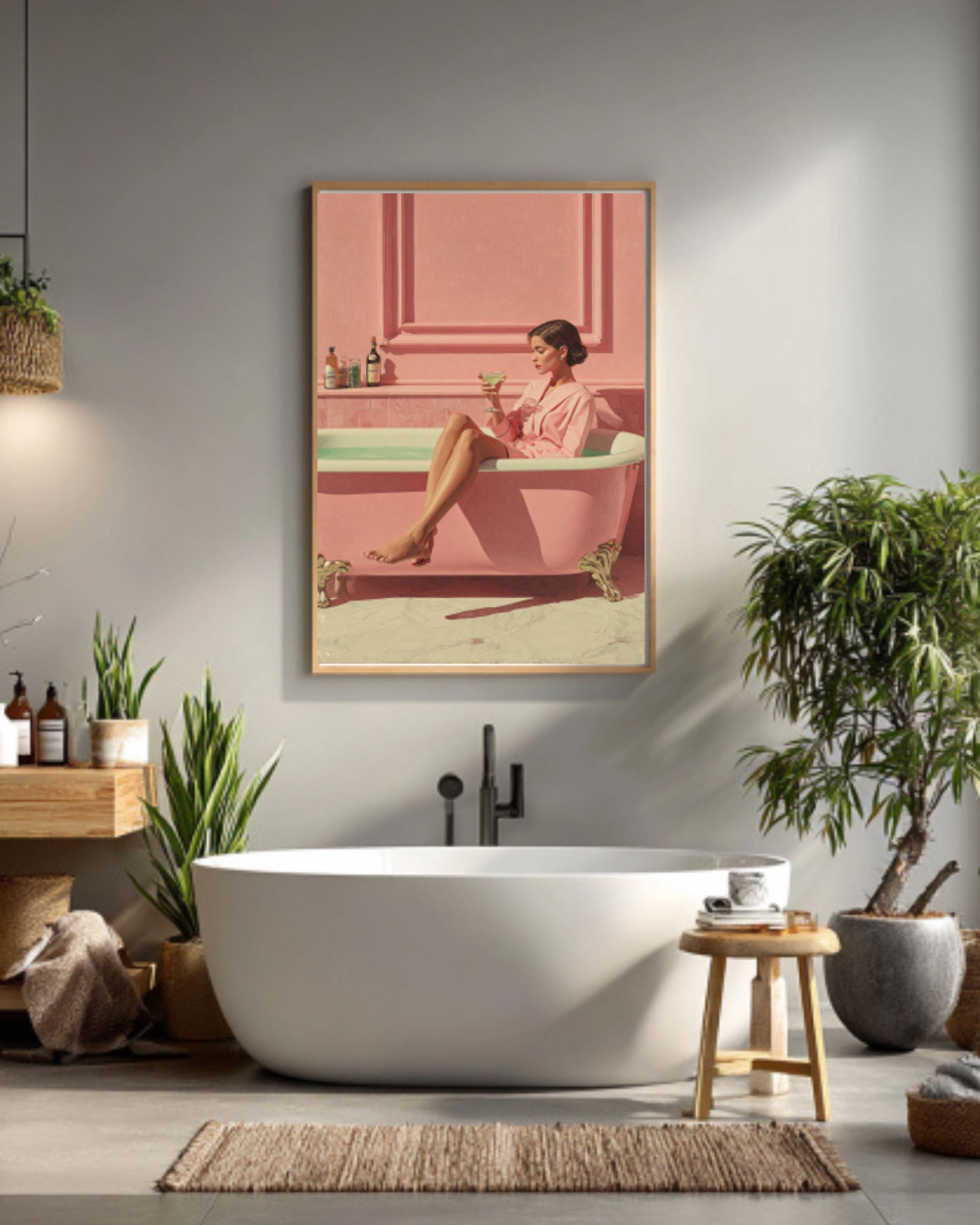 Elegant Woman in Pink Bathtub Canvas Art – Pastel Decor
