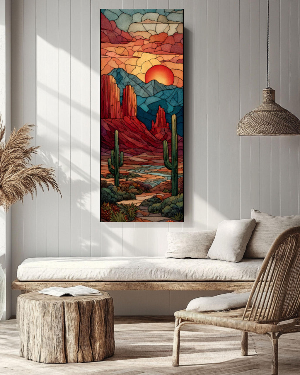 Stained Glass Desert Landscape Wall Art | Southwestern Canvas Print