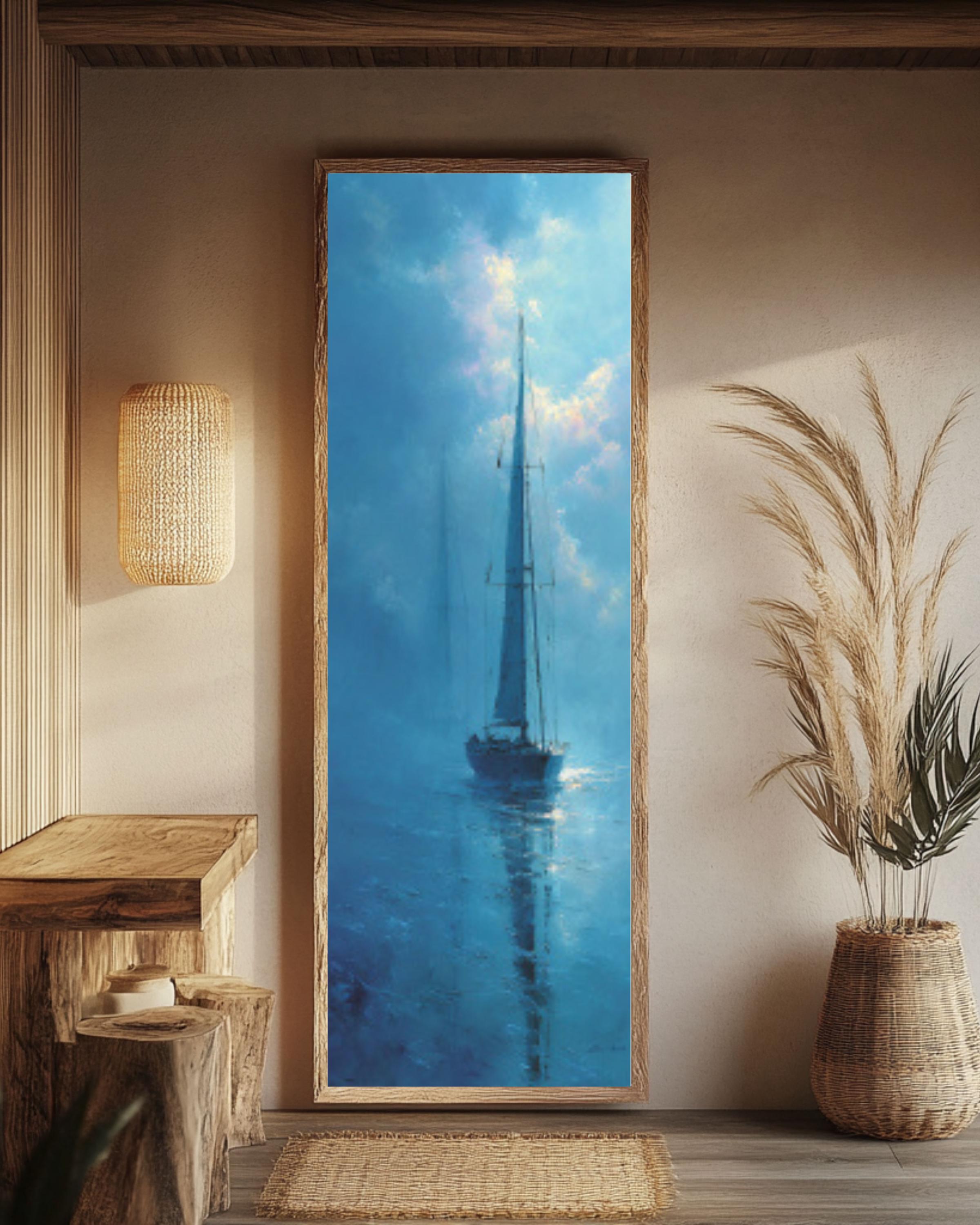 Abstract Sailboat Painting: Light Blue Coastal Wall Art, Foggy Seascape for home and office wall décor