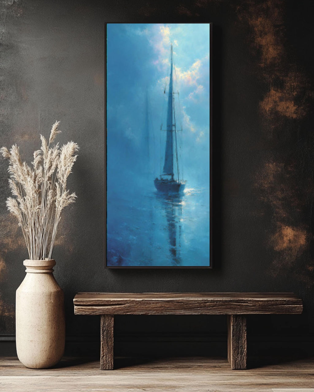 Abstract Sailboat Wall Art | Light Blue Foggy Seascape Canvas Print