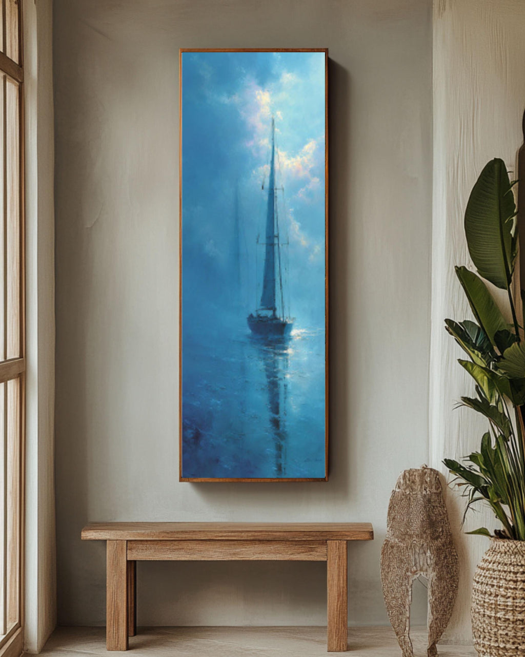 Abstract Sailboat Wall Art | Light Blue Foggy Seascape Canvas Print