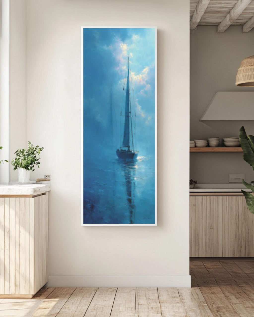 Abstract Sailboat Wall Art | Light Blue Foggy Seascape Canvas Print