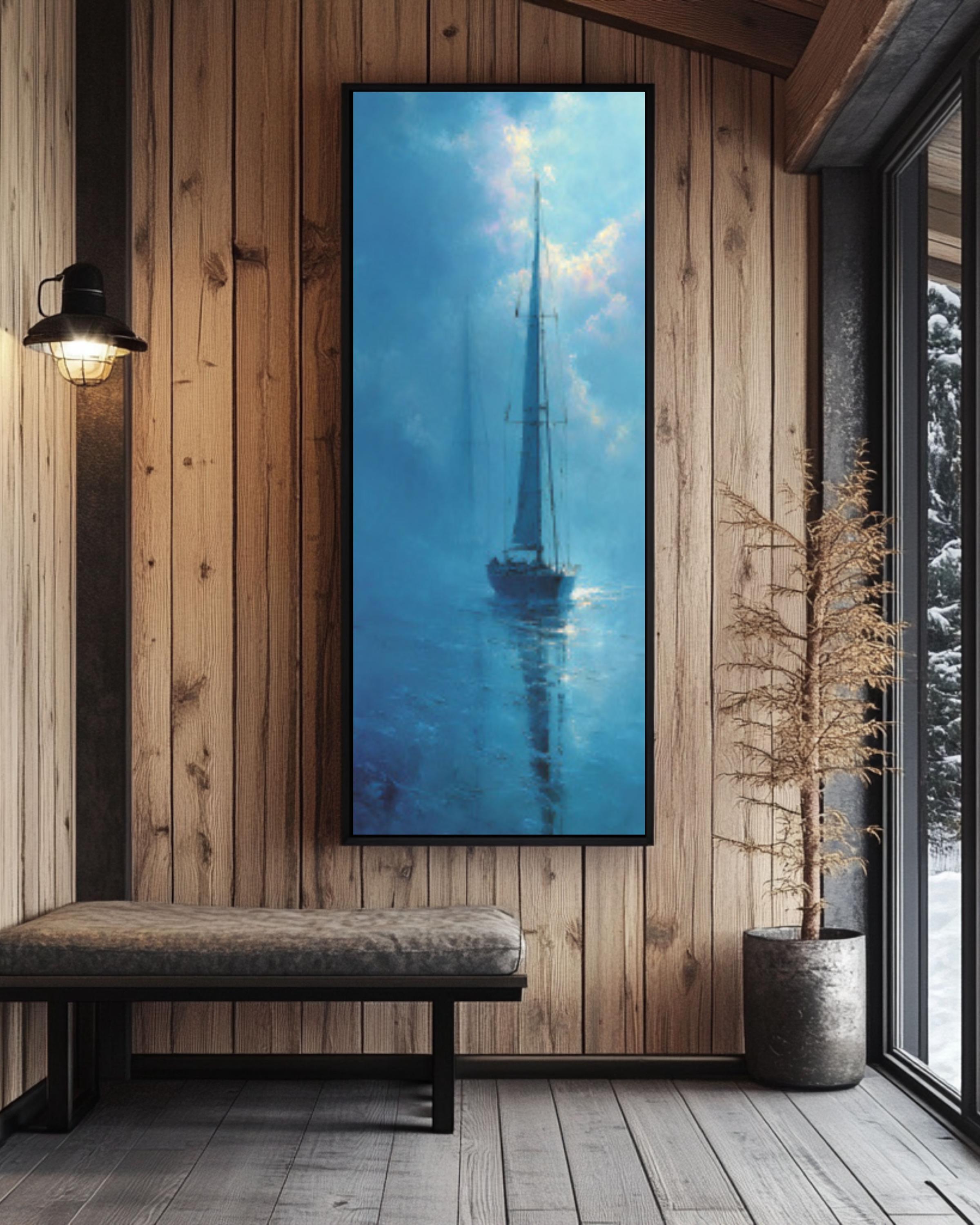 Abstract Sailboat Wall Art | Light Blue Foggy Seascape Canvas Print