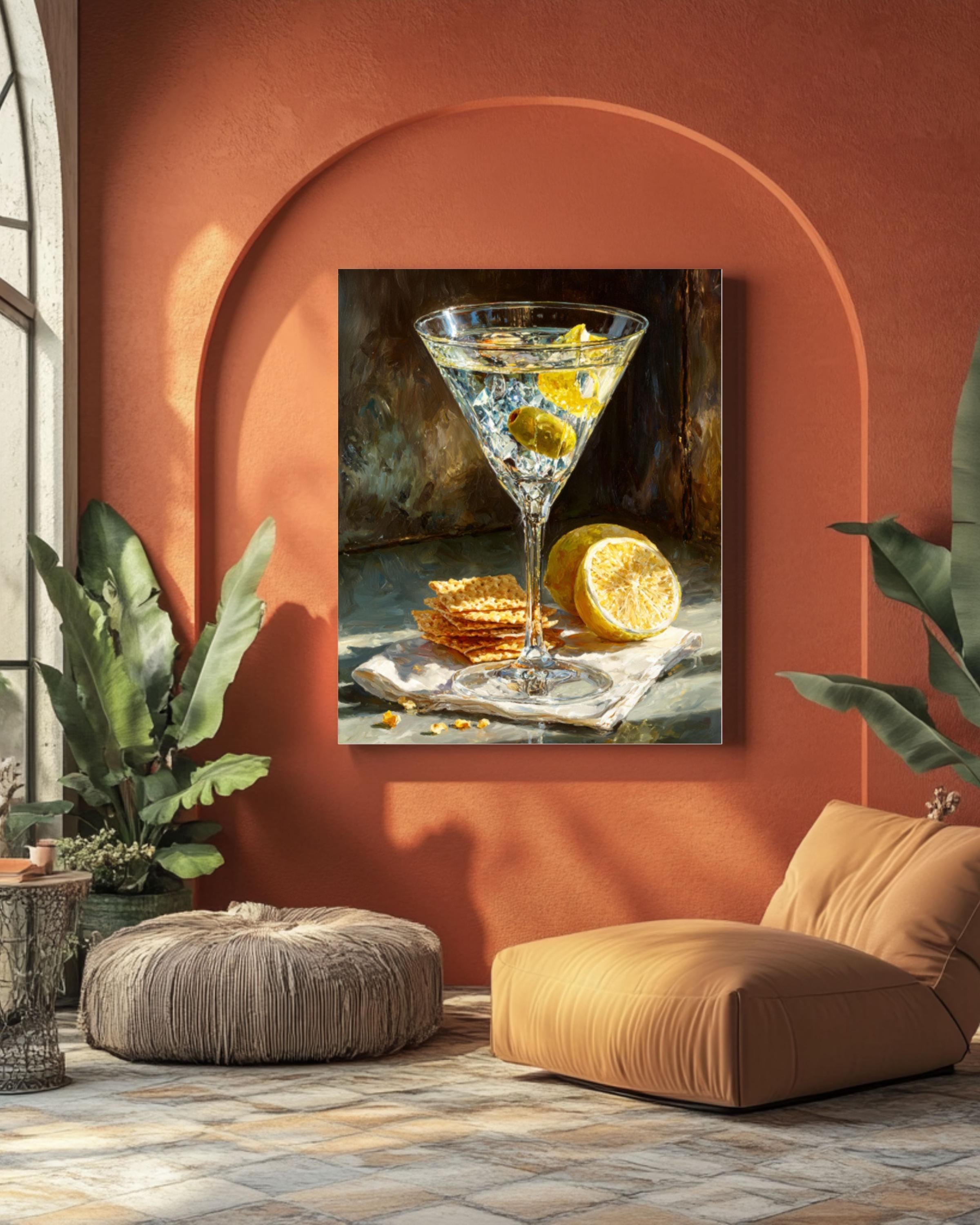 Martini Glass Wall Art | Vintage Bar Decor Print | Olive Lemon Still Life