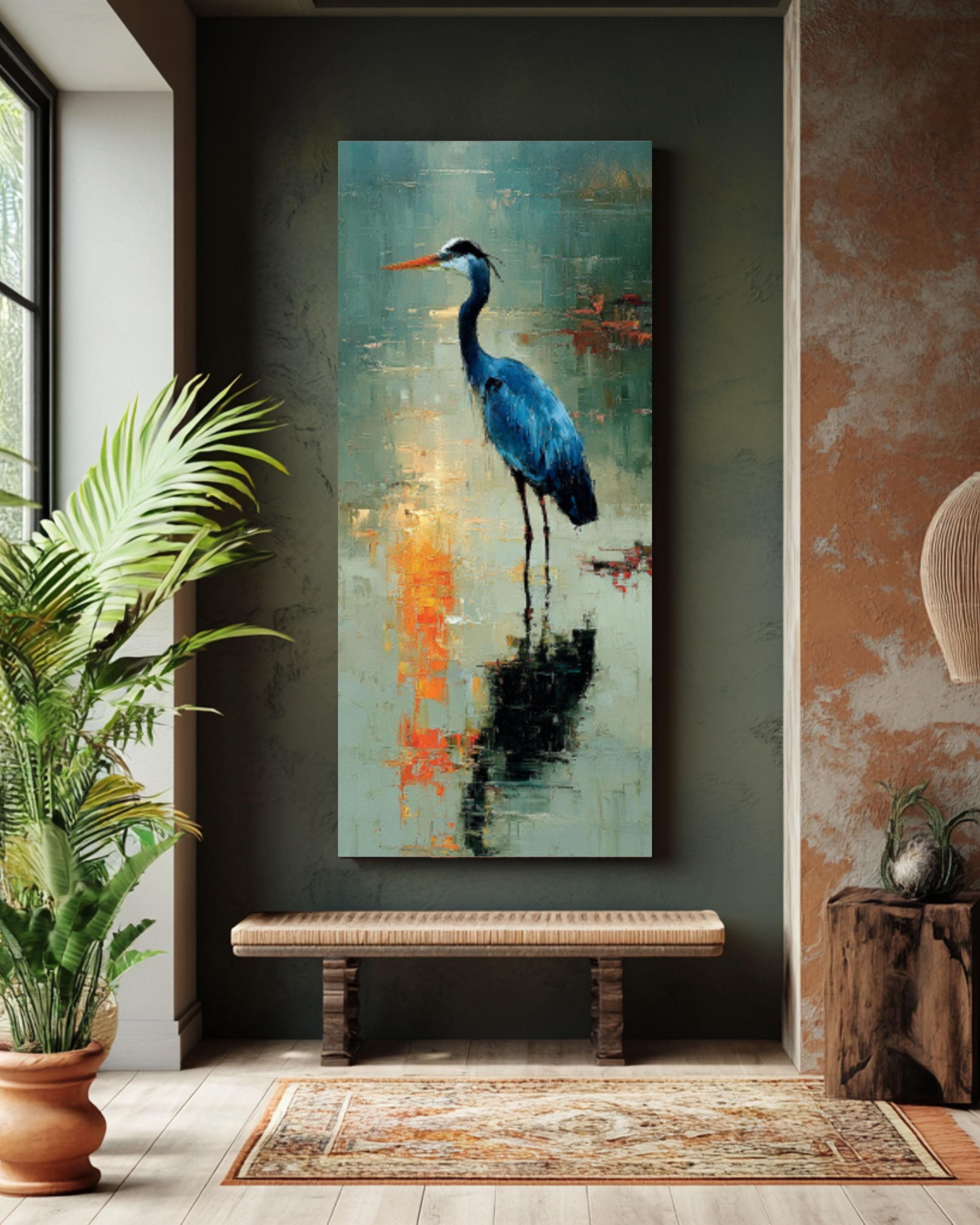 Blue Heron Wall Art Canvas | Painterly Impressionist Style Bird Print