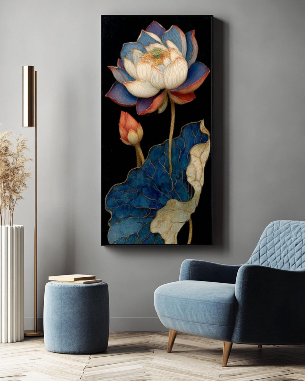 Gold Leaf Lotus Flower Wall Art | Chinese Painting Style Canvas Print