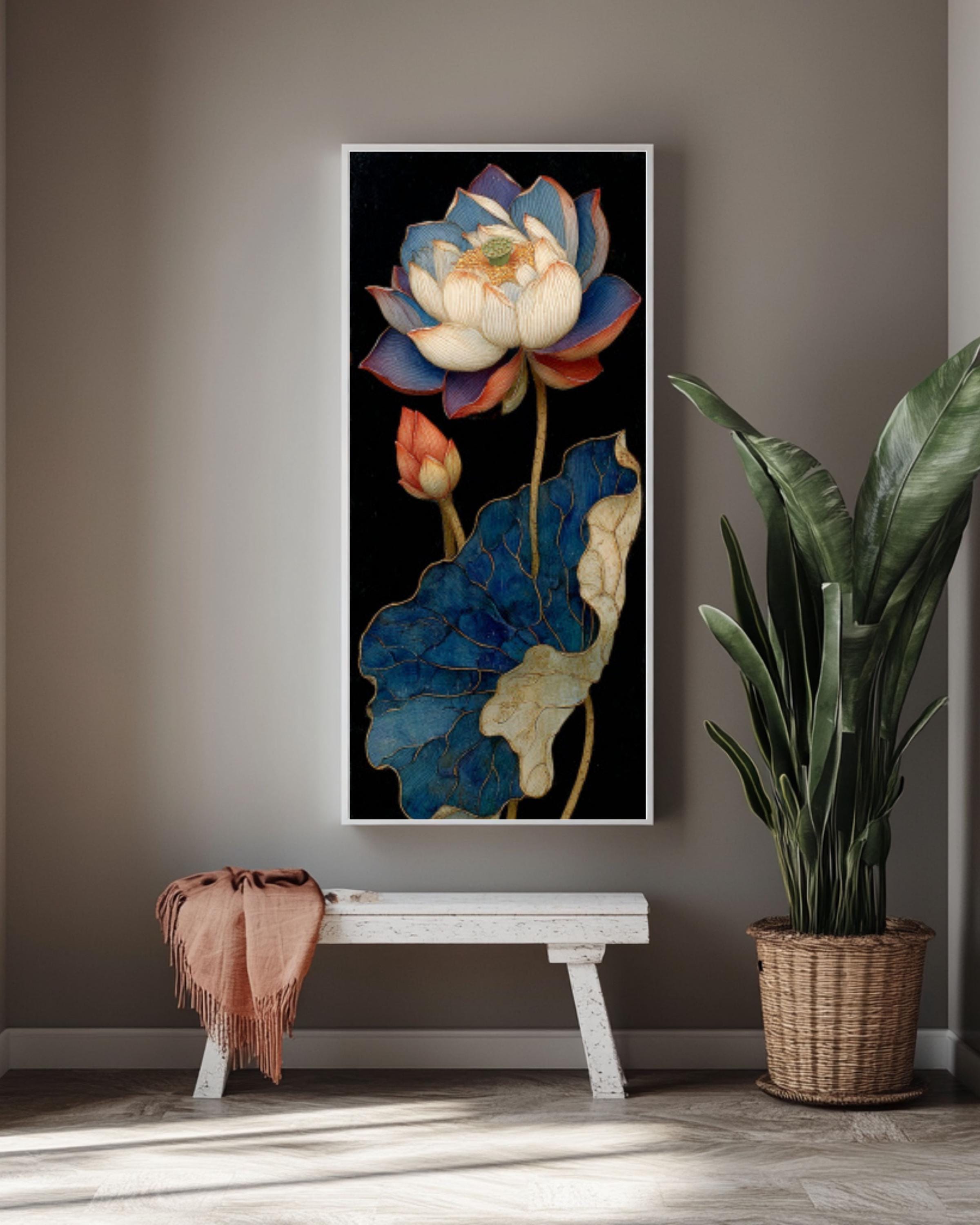 Gold Leaf Lotus Flower Wall Art | Chinese Painting Style Canvas Print