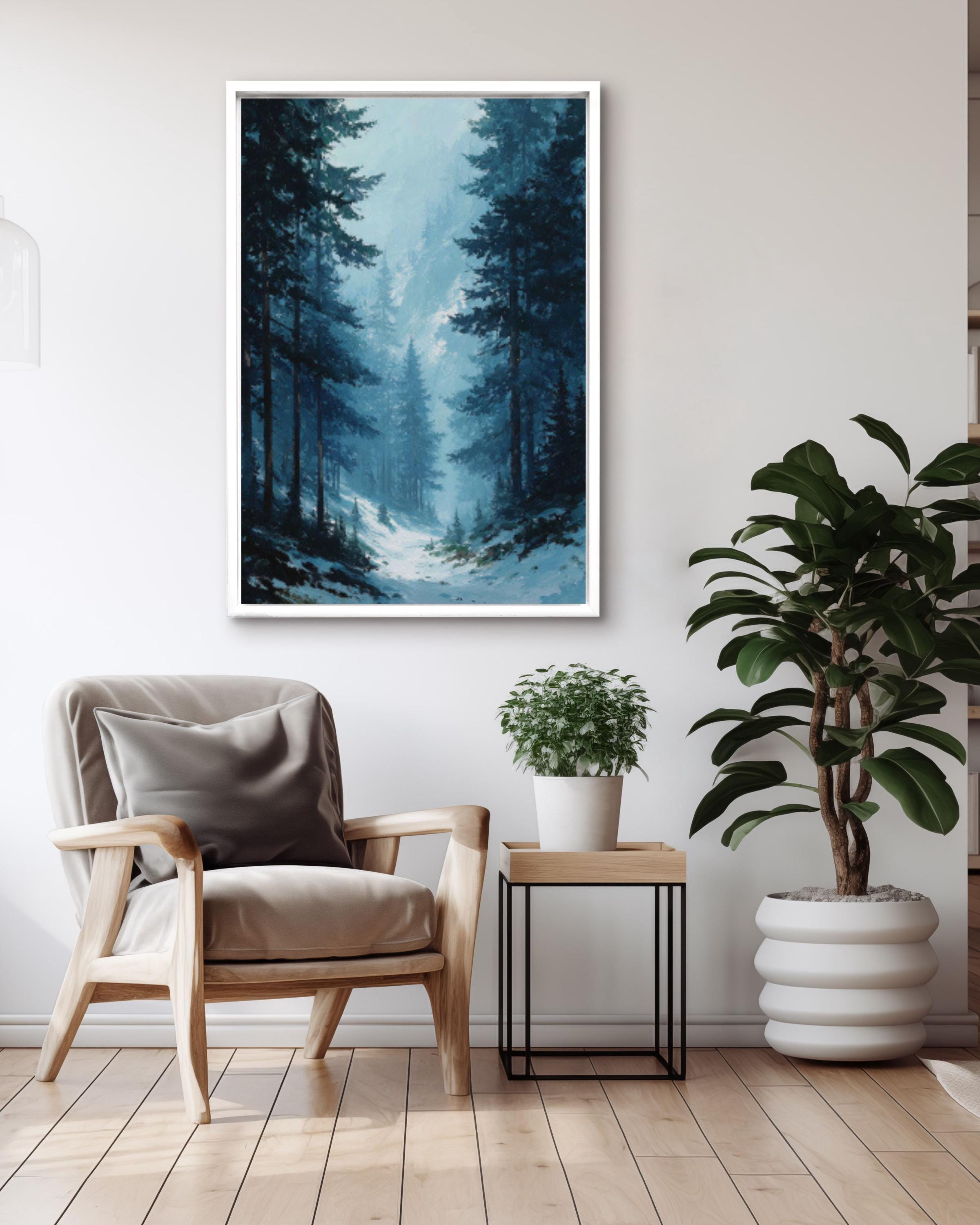 Winter Pine Forest Landscape Canvas Wall Art – Moody Blue Oil Painting