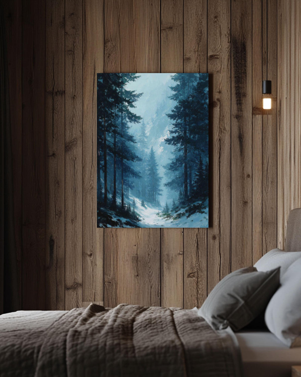Winter Pine Forest Landscape Canvas Wall Art – Moody Blue Oil Painting