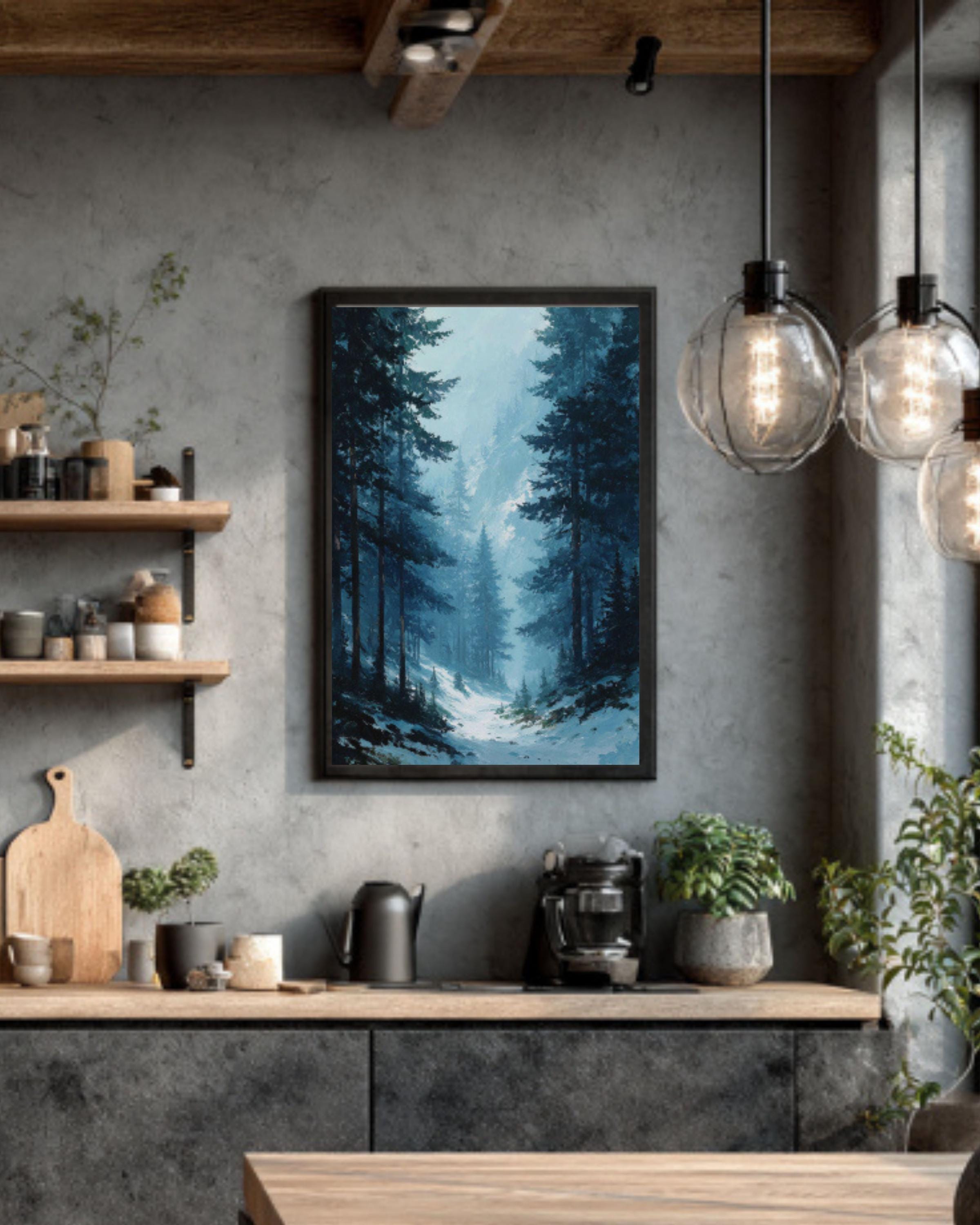 Winter Pine Forest Landscape Canvas Wall Art – Moody Blue Oil Painting