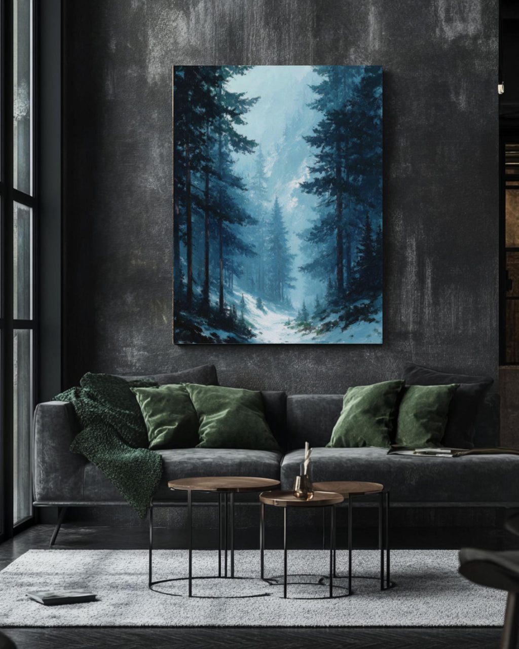 Winter Pine Forest Landscape Canvas Wall Art – Moody Blue Oil Painting