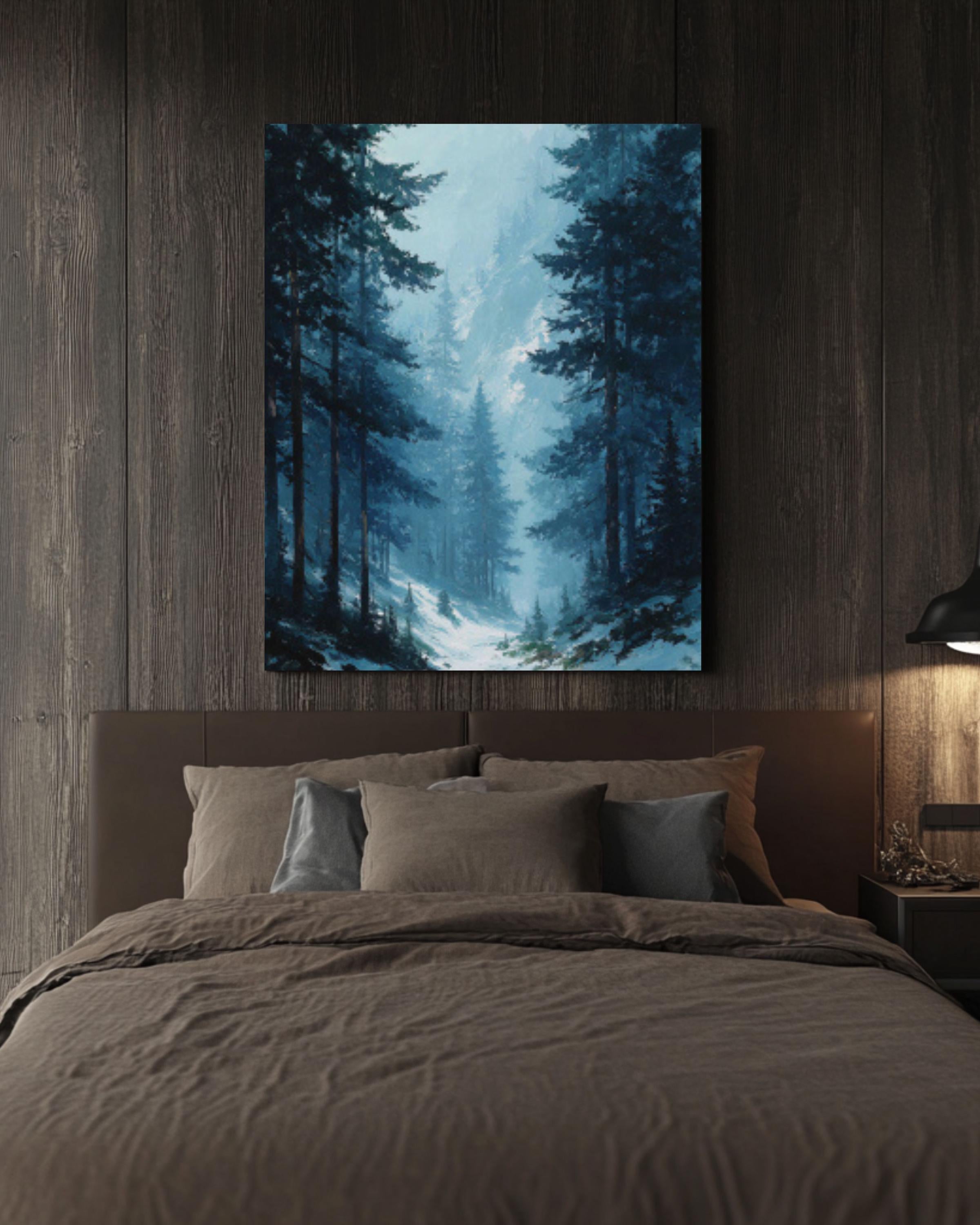 Winter Pine Forest Landscape Canvas Wall Art – Moody Blue Oil Painting