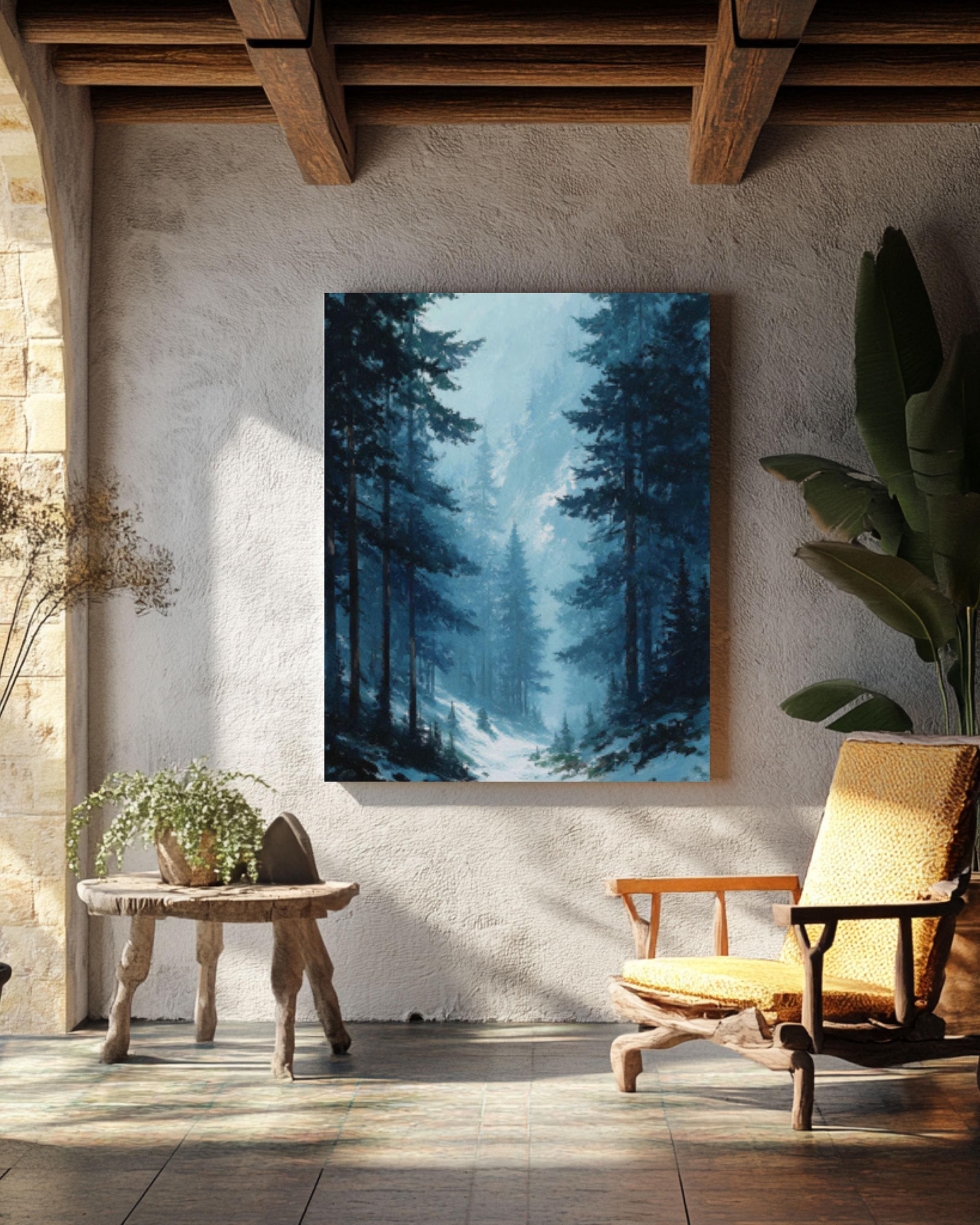 Winter Pine Forest Landscape Canvas Wall Art – Moody Blue Oil Painting