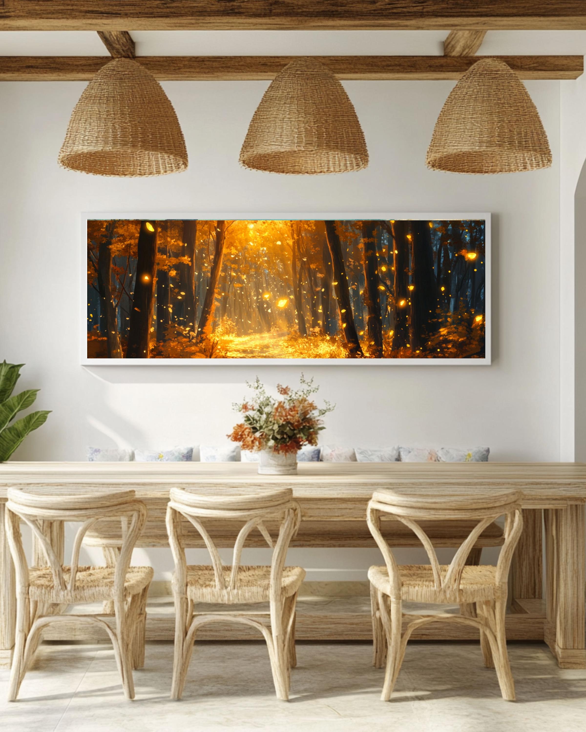 Autumn Forest Road Canvas Art: Fireflies, Golden Fall Landscape Canvas Wall Art Print – Premium Home Decor