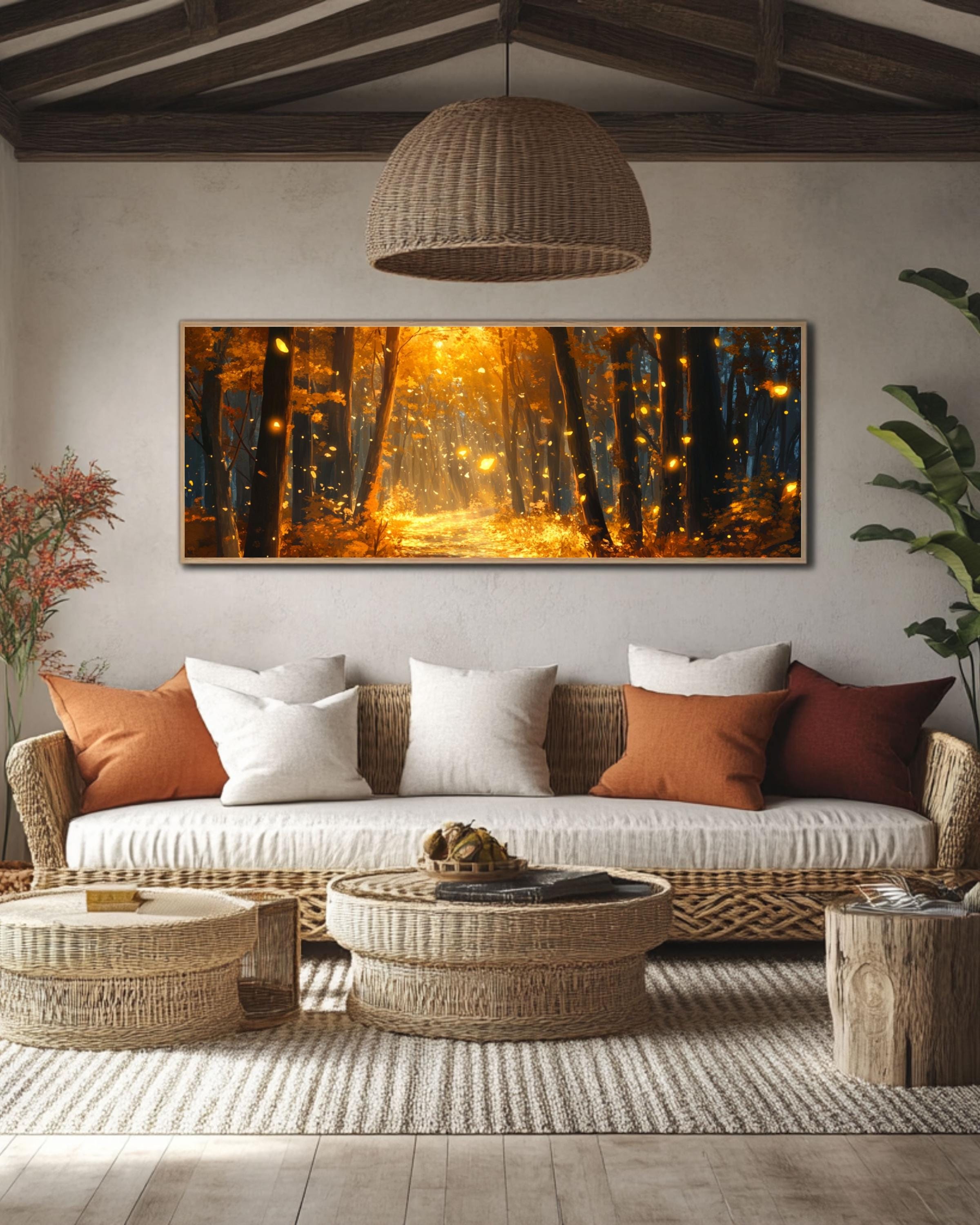 Autumn Forest Road Canvas Art: Fireflies, Golden Fall Landscape Canvas Wall Art Print – Premium Home Decor