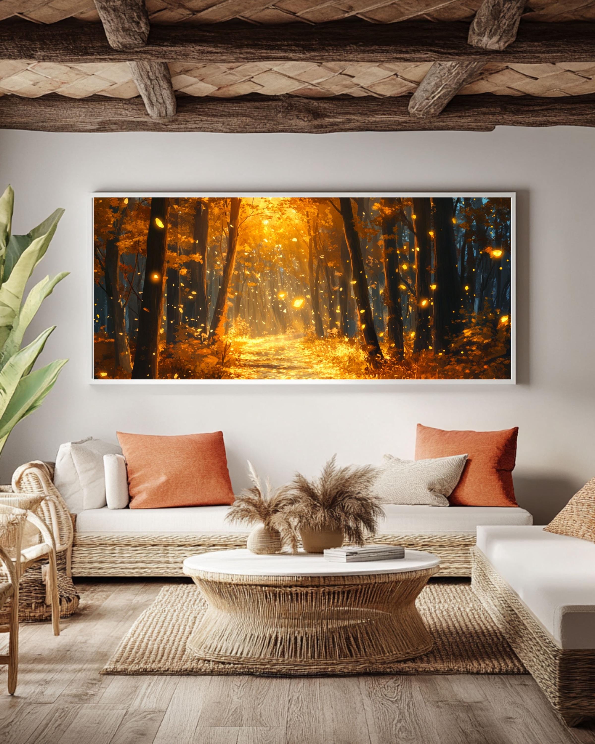 Autumn Forest Road Canvas Art: Fireflies, Golden Fall Landscape Canvas Wall Art Print – Premium Home Decor
