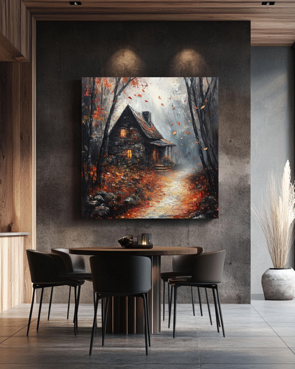 Gothic Autumn Cottage Print: Dark Academia Haunted Fall Scene Canvas Wall Art Print – Premium Home Decor
